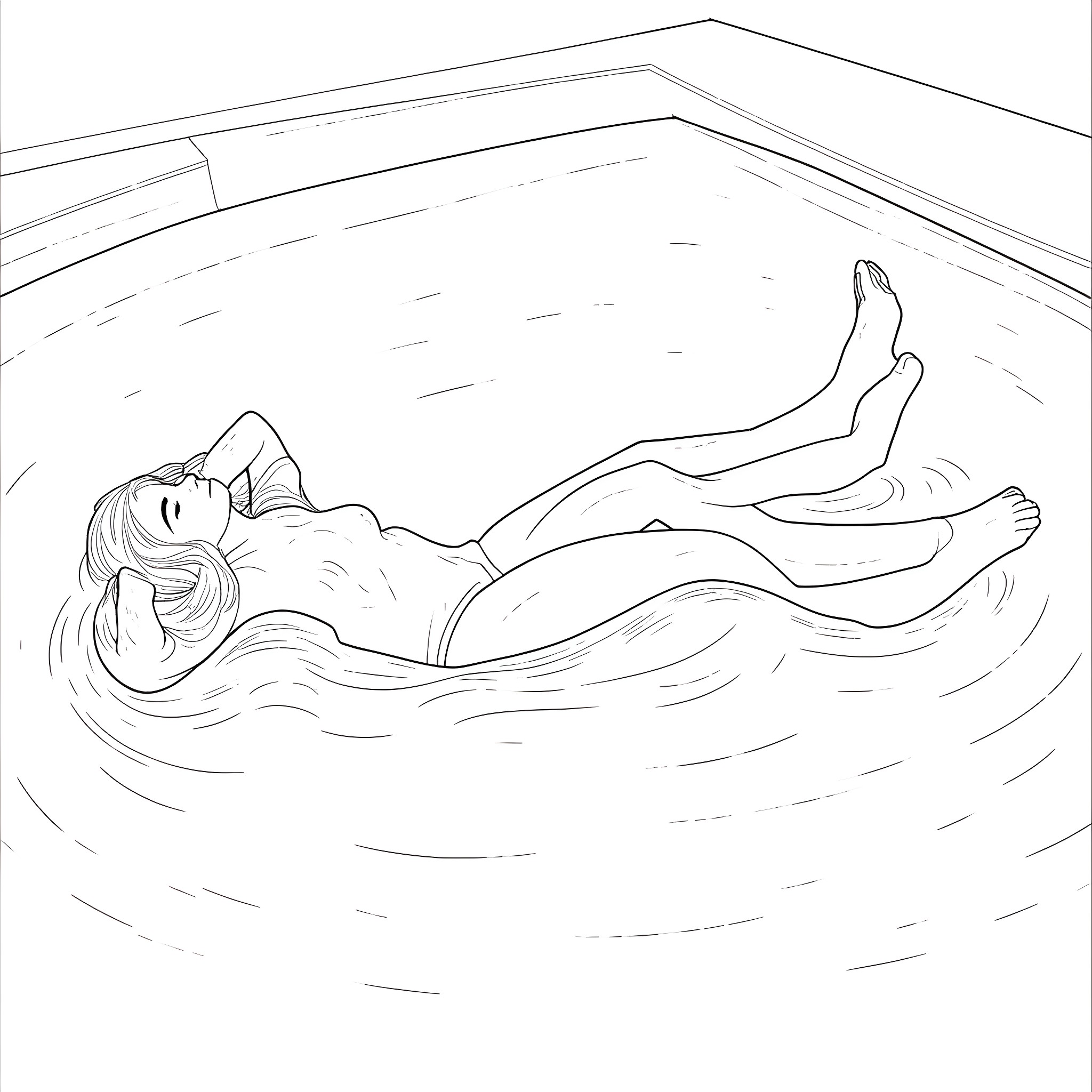 Girl relaxing peacefully in water Coloring Page (free black-and-white line drawing printable PDF for all, from beginners to advanced learners, including children, teens, adults, and seniors)