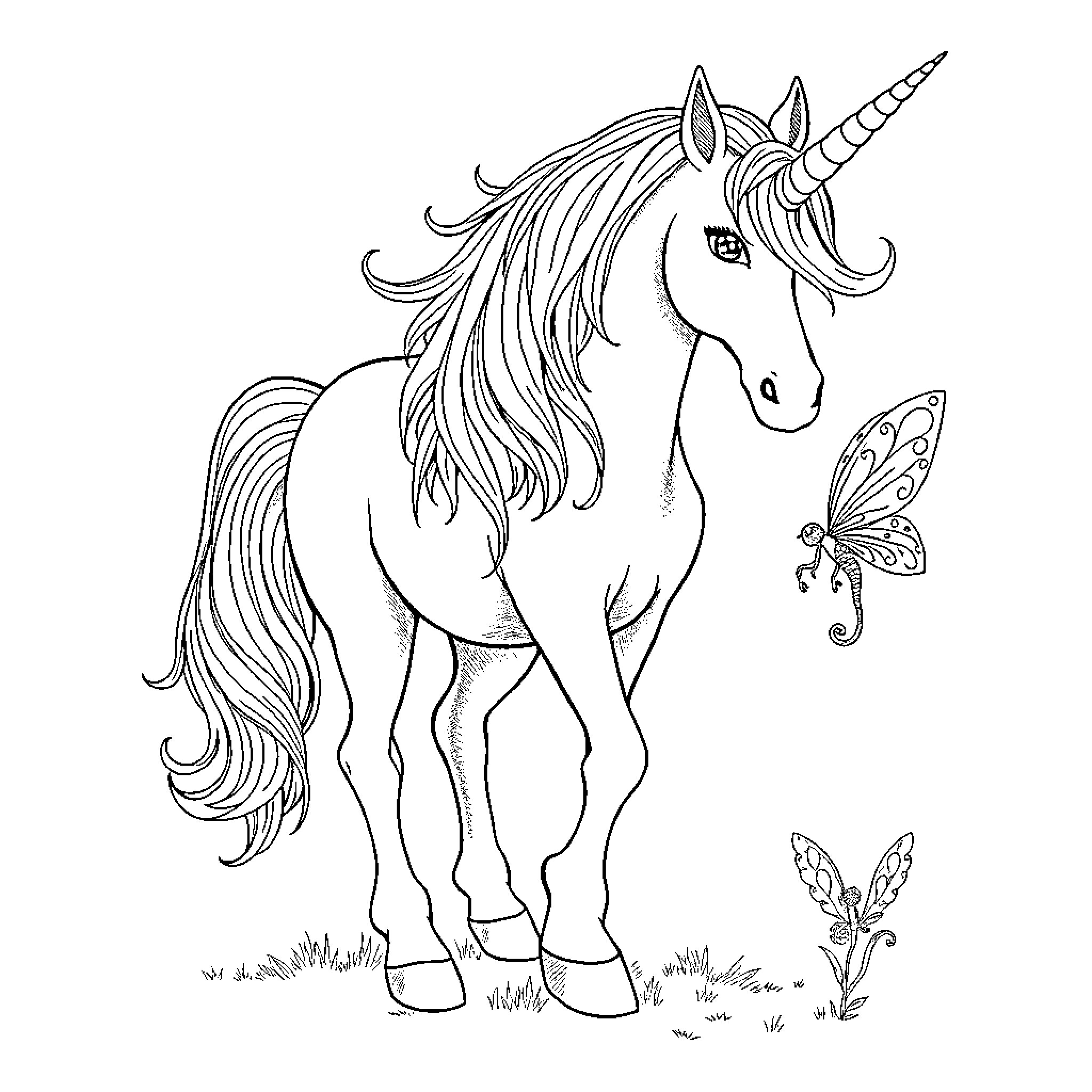 Unicorn standing with butterfly companions Coloring Page (free black-and-white line drawing printable PDF for all, from beginners to advanced learners, including children, teens, adults, and seniors)