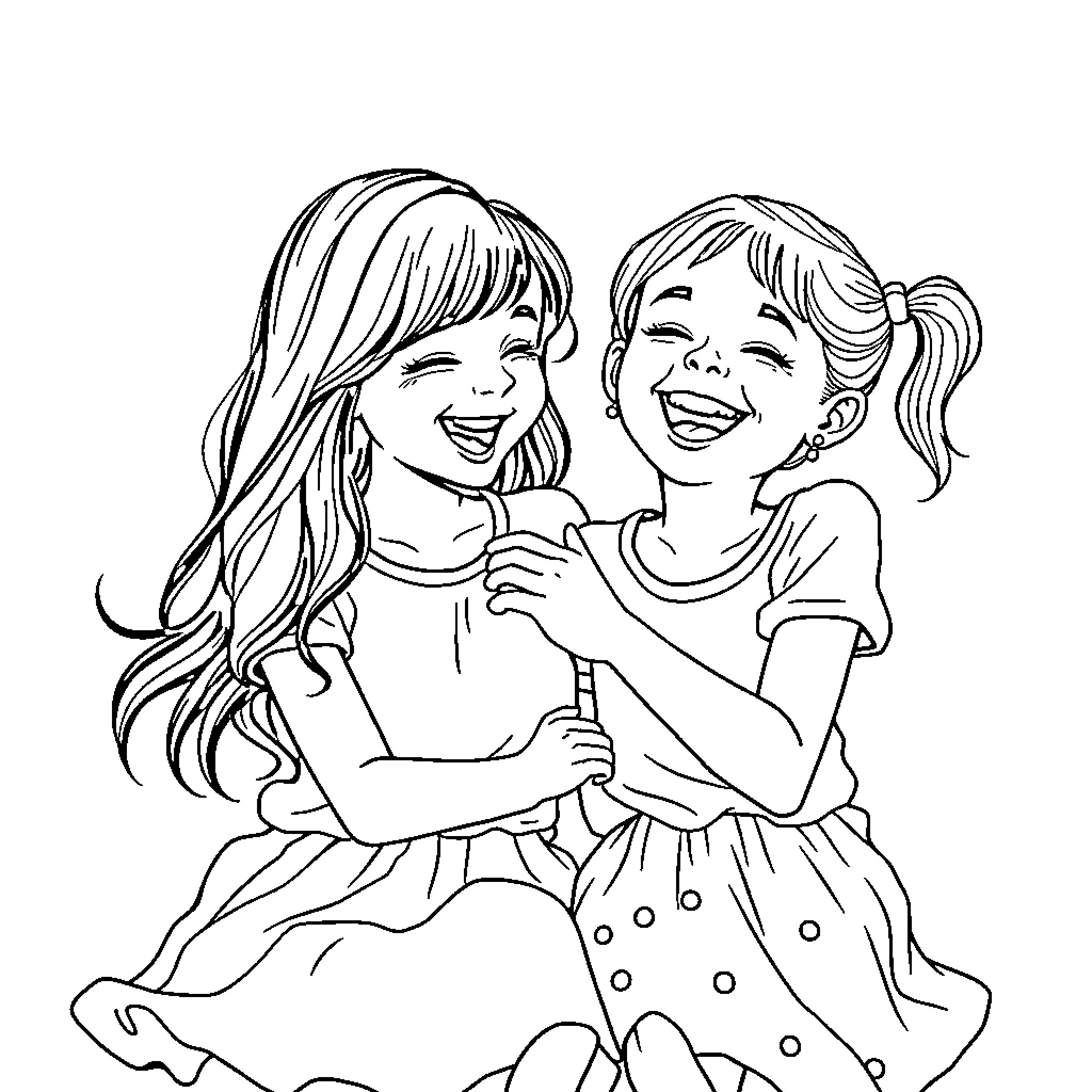 Sister's Joyful Embrace Coloring Page (free black-and-white line drawing printable PDF for all, from beginners to advanced learners, including children, teens, adults, and seniors)