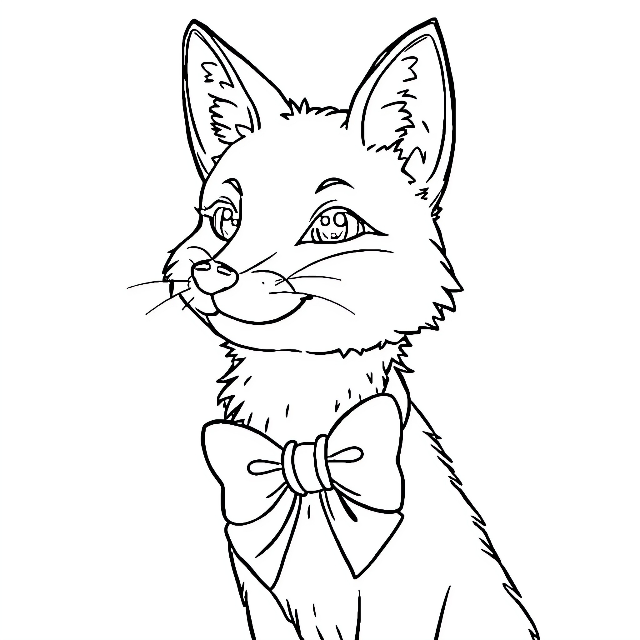 Fox with Bowtie Smiling Happily Coloring Page (free black-and-white line drawing printable PDF for all, from beginners to advanced learners, including children, teens, adults, and seniors)