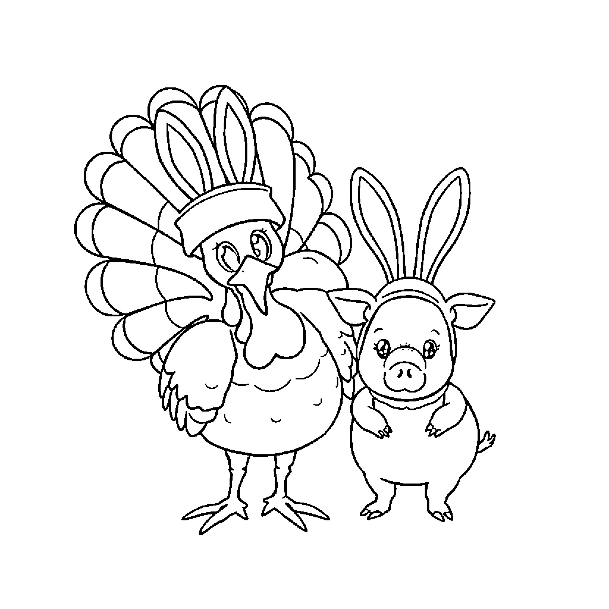 Turkey and piglet in amusing outfits Coloring Page (free black-and-white line drawing printable PDF for all, from beginners to advanced learners, including children, teens, adults, and seniors)