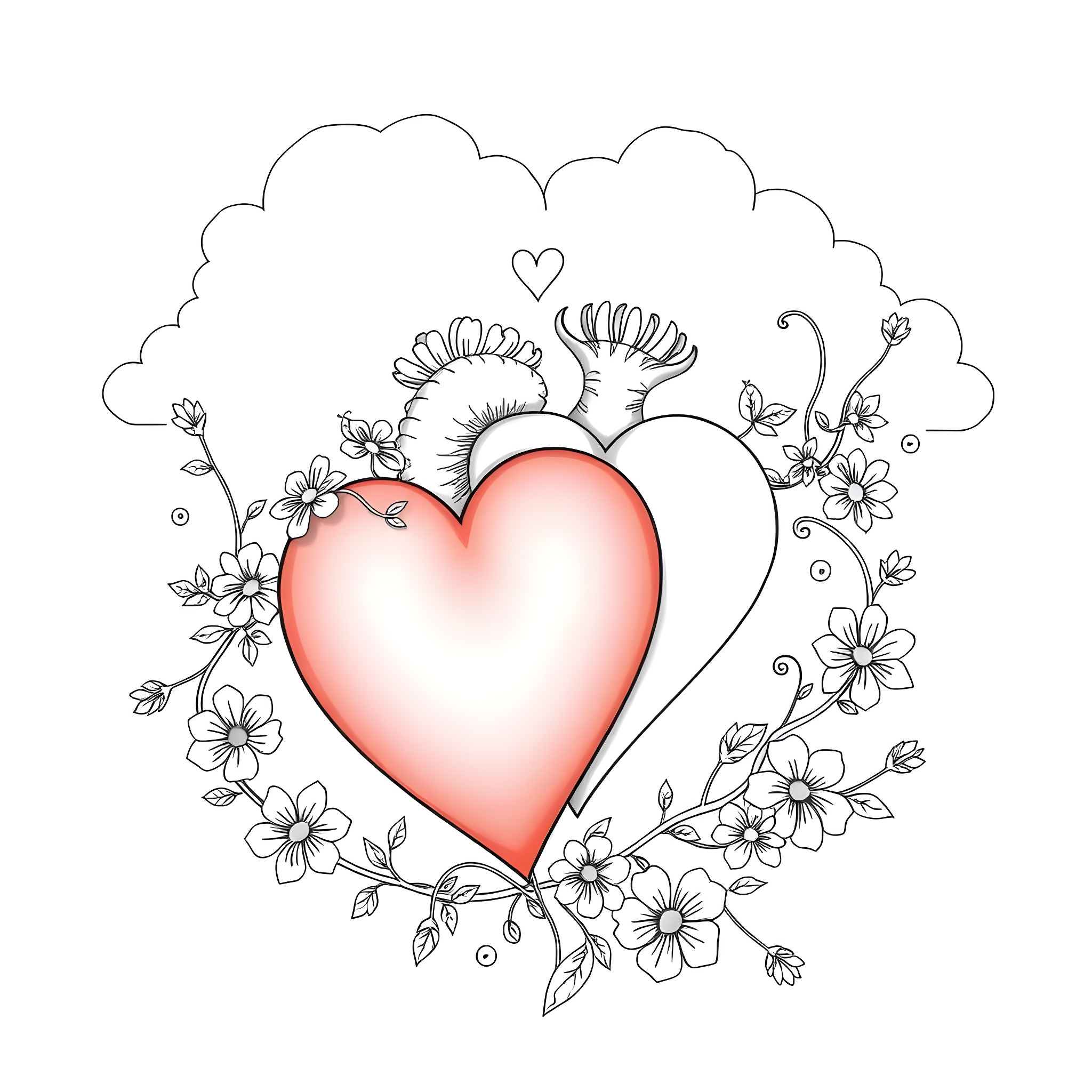 Love blossoms in the garden of hearts Coloring Page (free black-and-white line drawing printable PDF for all, from beginners to advanced learners, including children, teens, adults, and seniors)