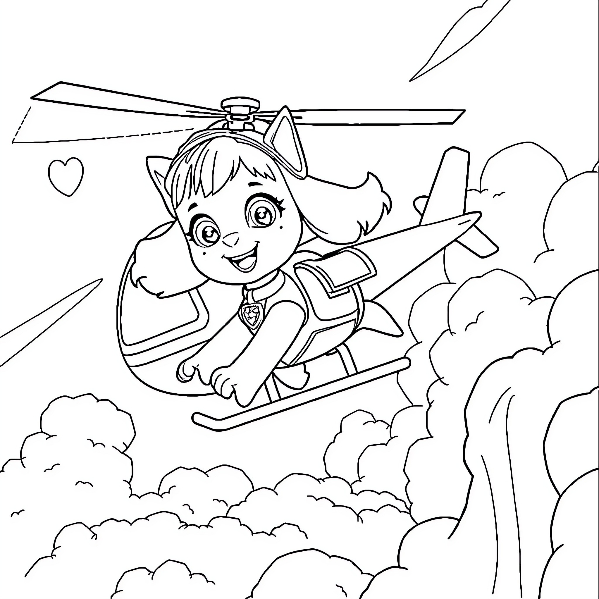 Paw Patrol Pup Soaring Through Clouds in Helicopter Coloring Page (free black-and-white line drawing printable PDF for all, from beginners to advanced learners, including children, teens, adults, and seniors)
