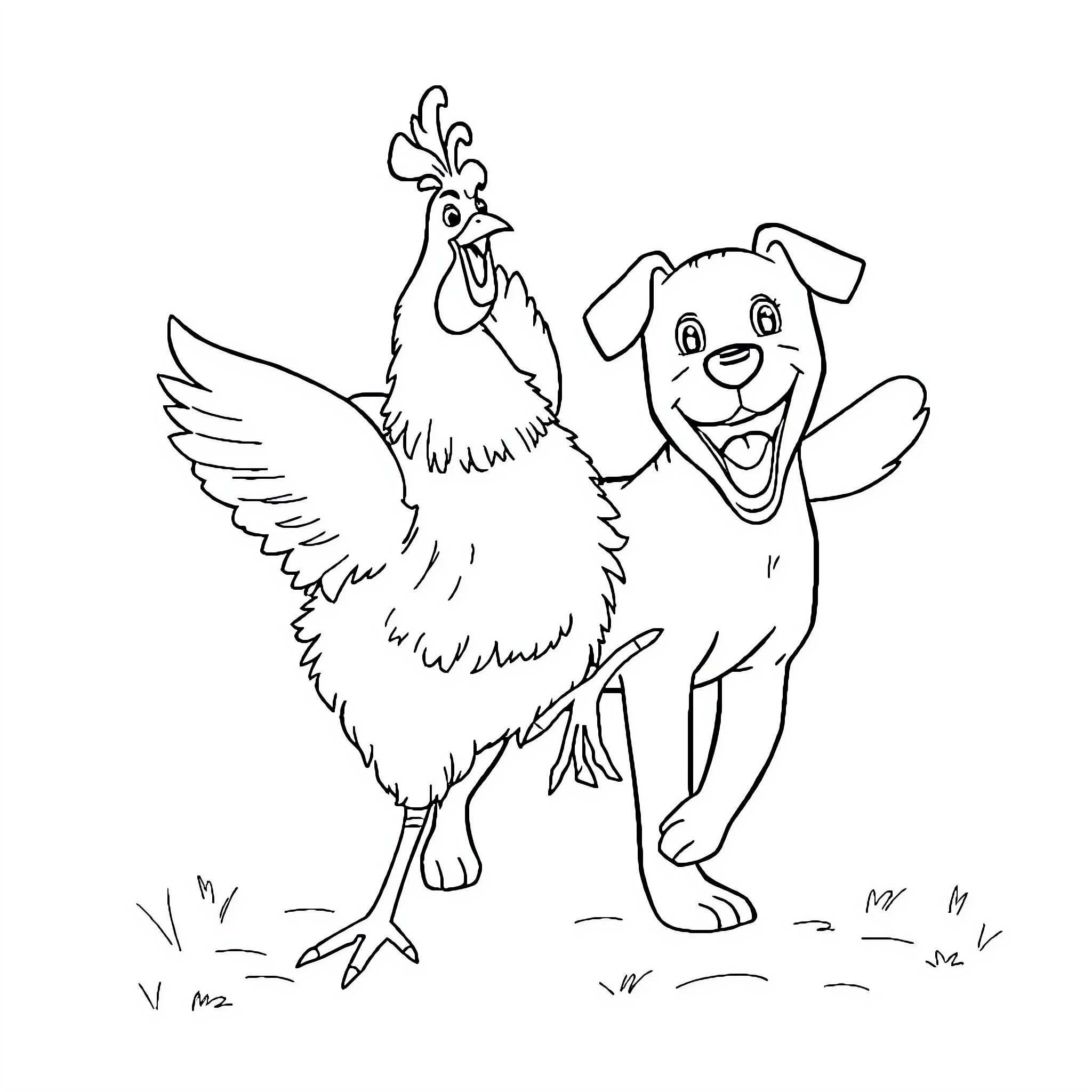 Chicken and happy dog playing together Coloring Page (free black-and-white line drawing printable PDF for all, from beginners to advanced learners, including children, teens, adults, and seniors)