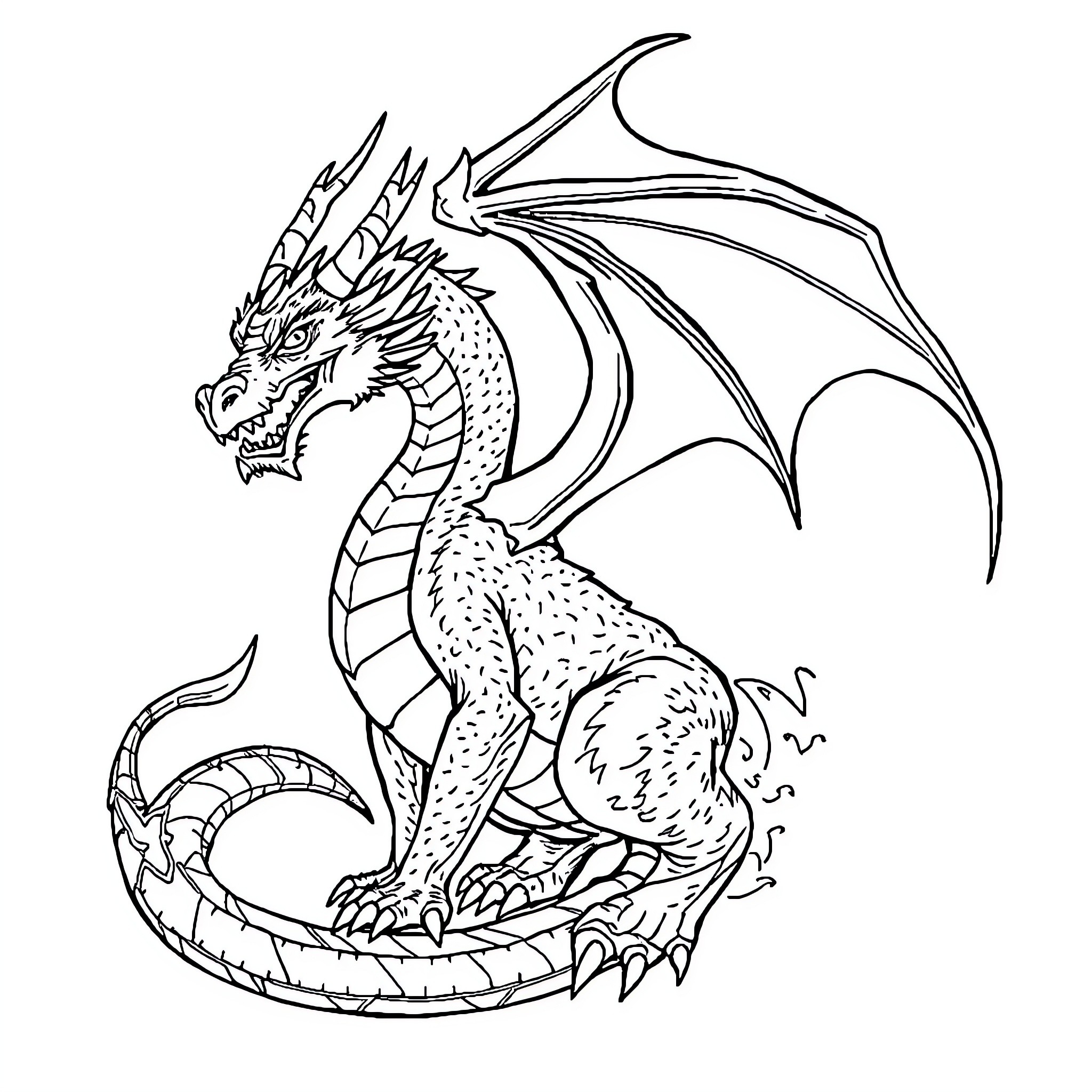 Dragon Guarding a Treasure Hoard Coloring Page (free black-and-white line drawing printable PDF for all, from beginners to advanced learners, including children, teens, adults, and seniors)