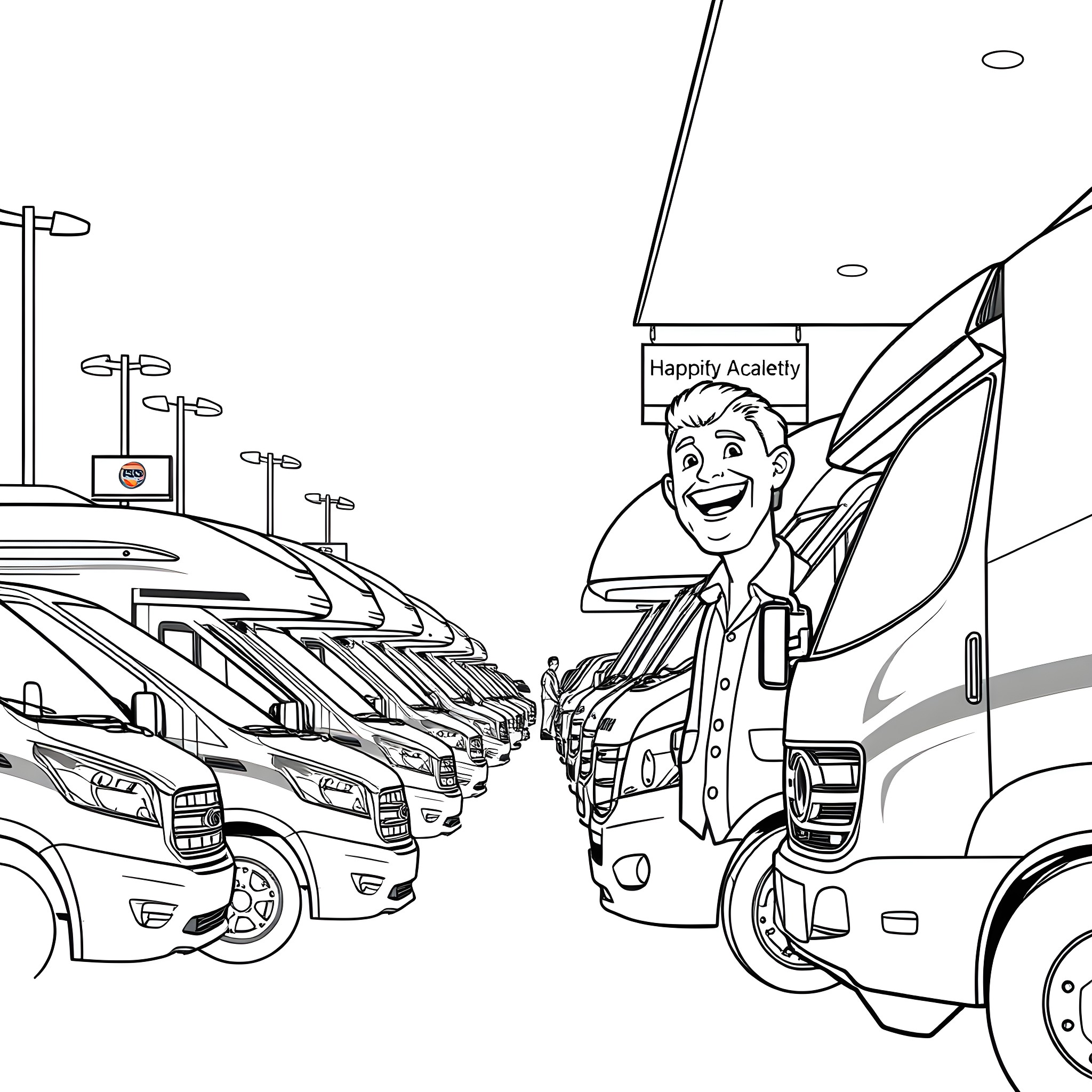 Guy smiling happily at a truck dealership Coloring Page (free black-and-white line drawing printable PDF for all, from beginners to advanced learners, including children, teens, adults, and seniors)