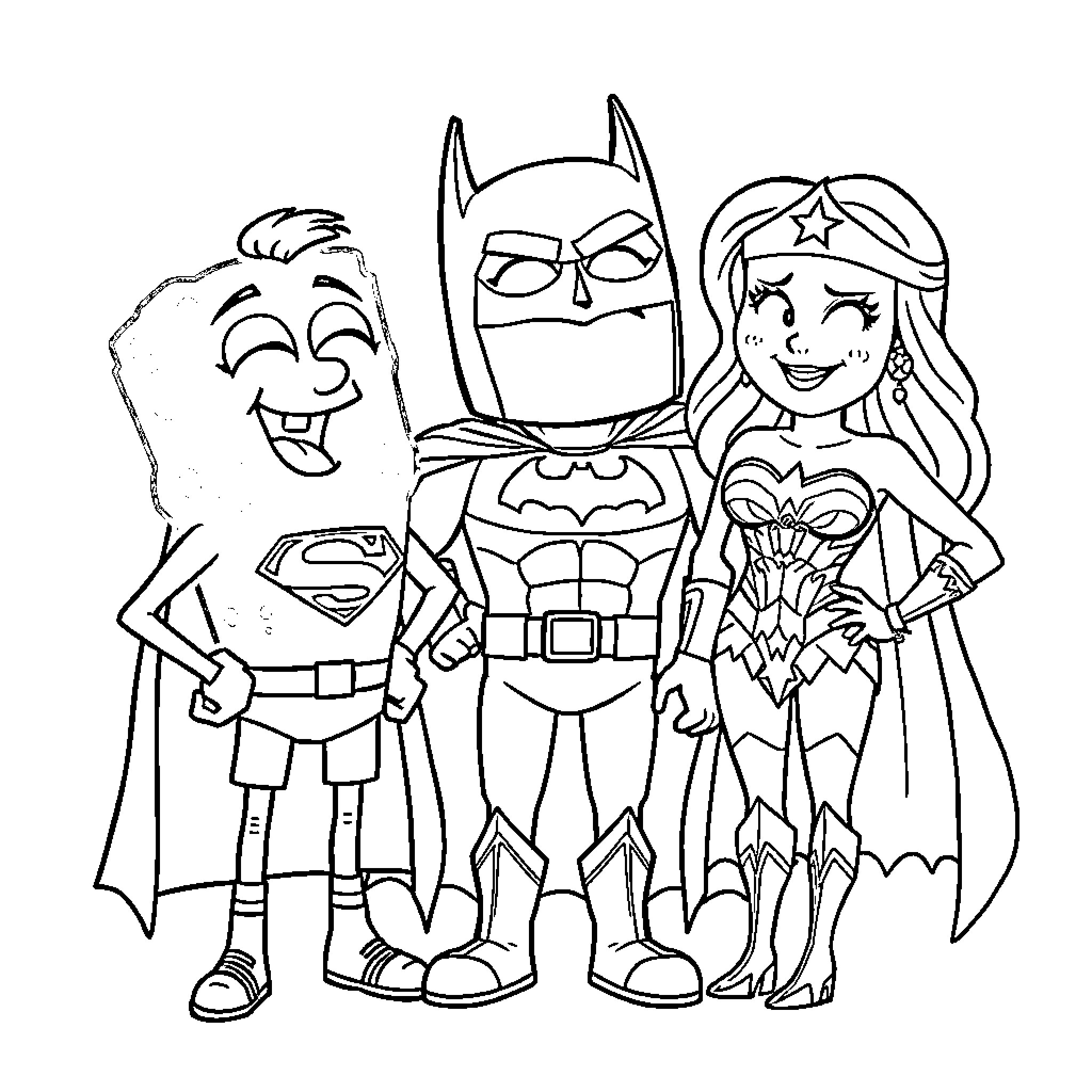 Bob esponja and the super heroes in action Coloring Page (free black-and-white line drawing printable PDF for all, from beginners to advanced learners, including children, teens, adults, and seniors)