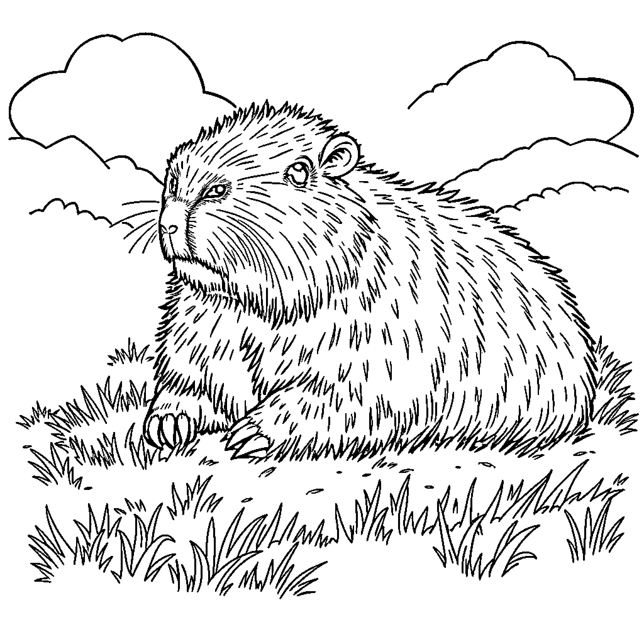 Capybara in a grassy field with cloudy skies Coloring Page (free black-and-white line drawing printable PDF for all, from beginners to advanced learners, including children, teens, adults, and seniors)