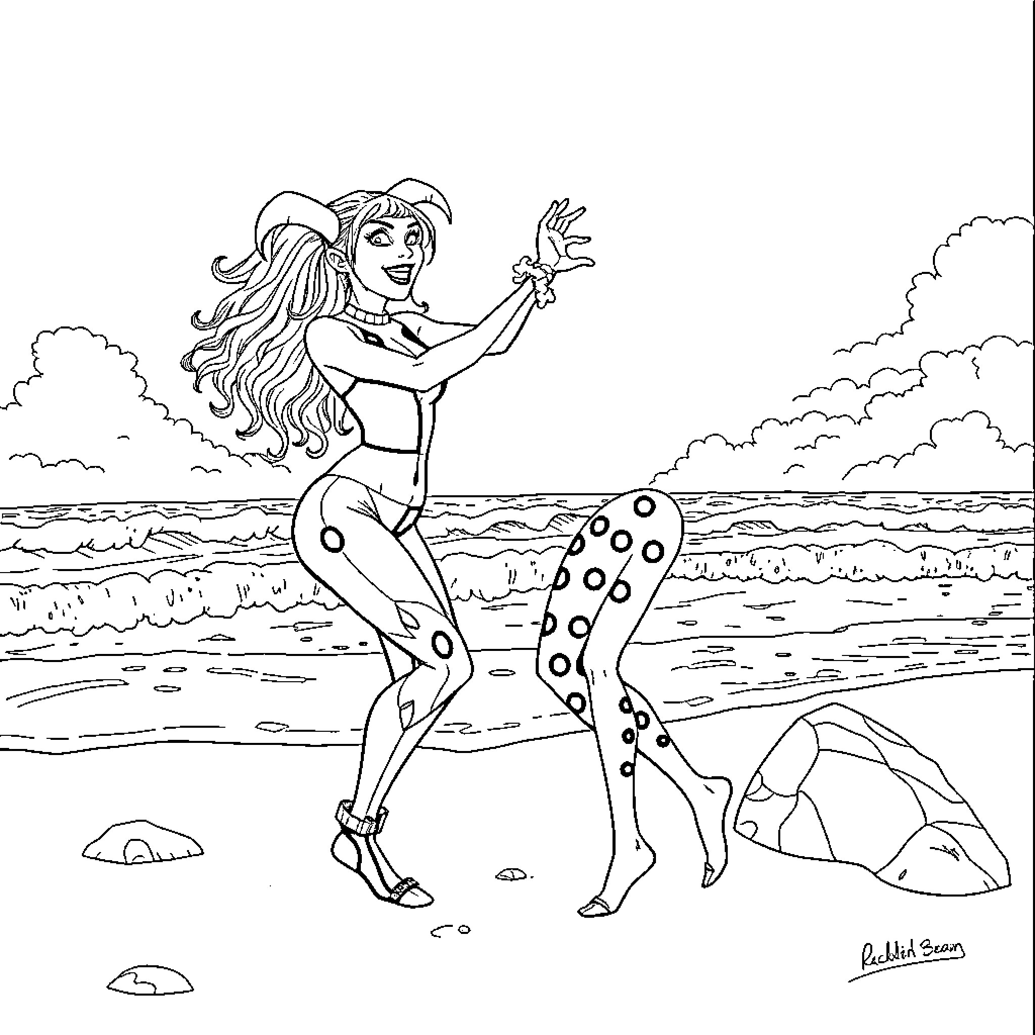 Harley Quinn in Playful Beachside Pose Coloring Page (free black-and-white line drawing printable PDF for all, from beginners to advanced learners, including children, teens, adults, and seniors)