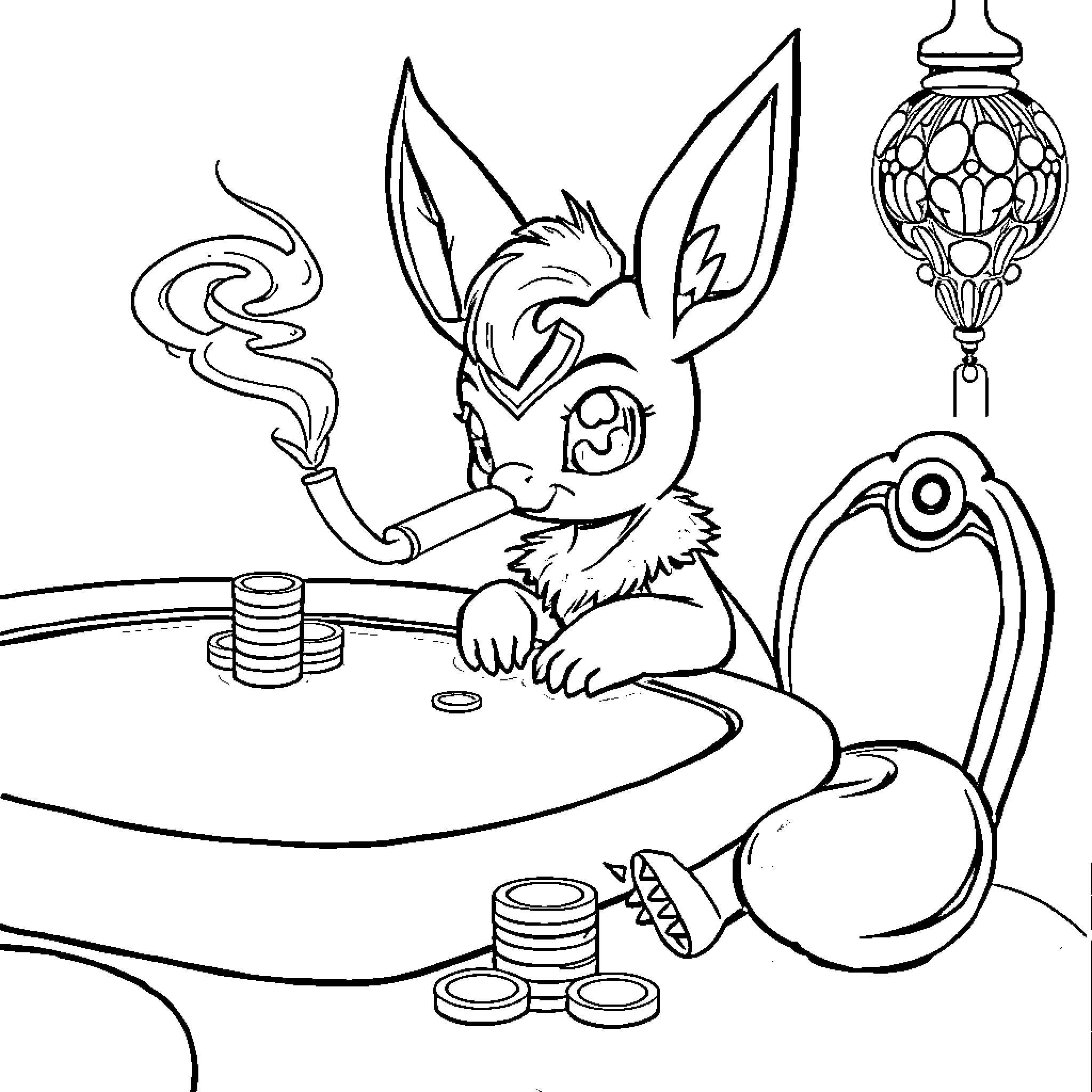Umbreon relaxing in cozy home environment Coloring Page (free black-and-white line drawing printable PDF for all, from beginners to advanced learners, including children, teens, adults, and seniors)