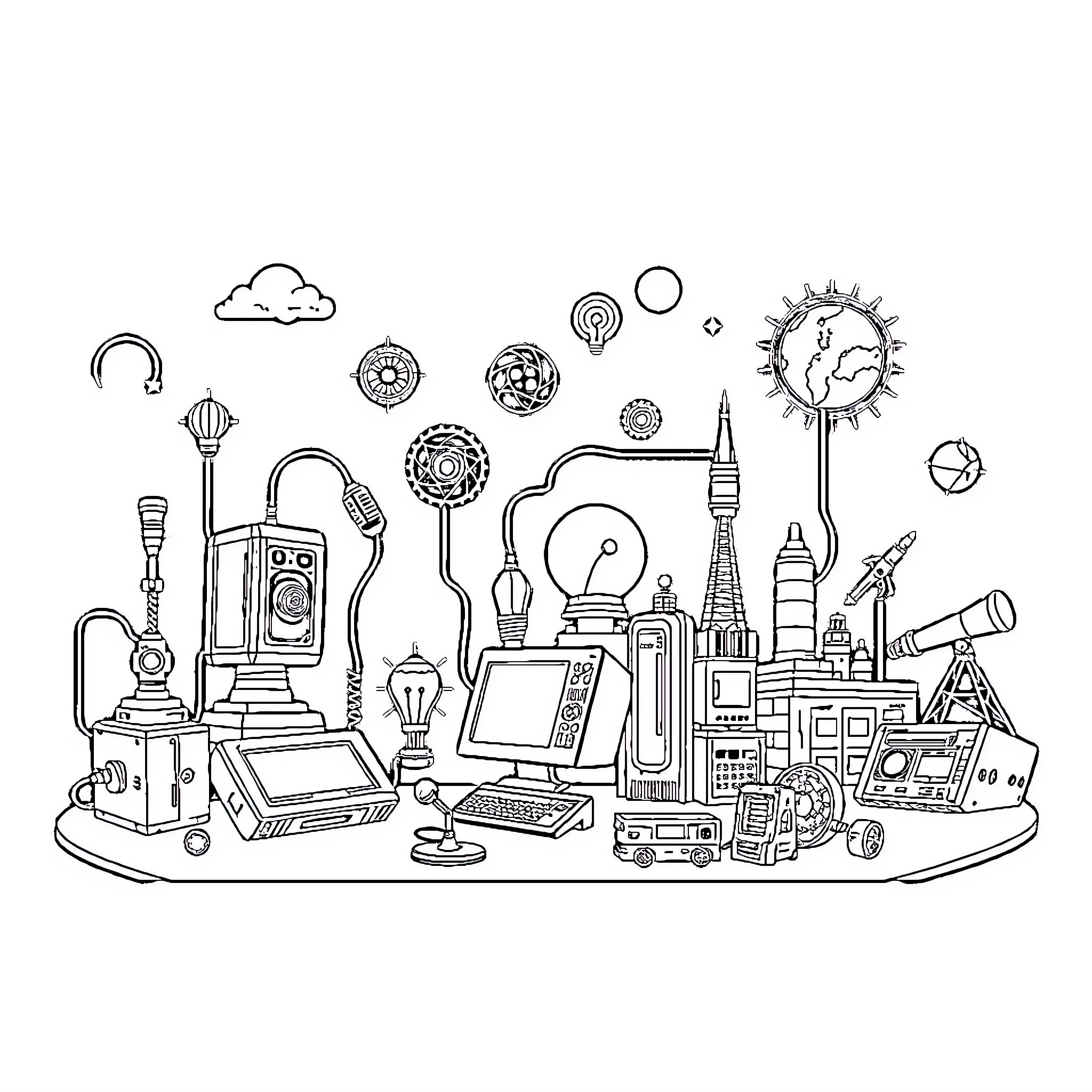 Tecnología: Diverse array of gadgets and devices Coloring Page (free black-and-white line drawing printable PDF for all, from beginners to advanced learners, including children, teens, adults, and seniors)