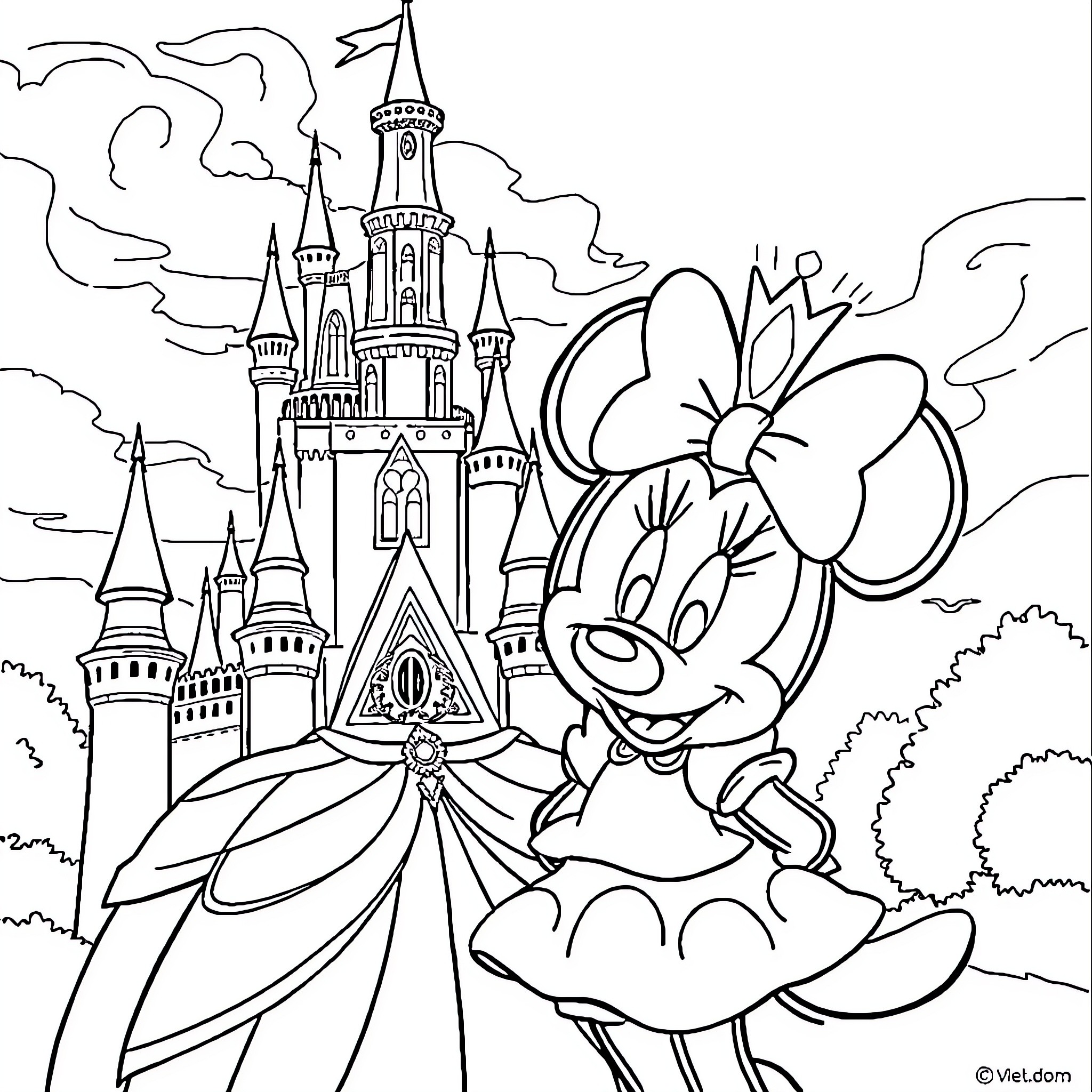 Princess Minnie Mouse in a Castle Fairytale Coloring Page (free black-and-white line drawing printable PDF for all, from beginners to advanced learners, including children, teens, adults, and seniors)