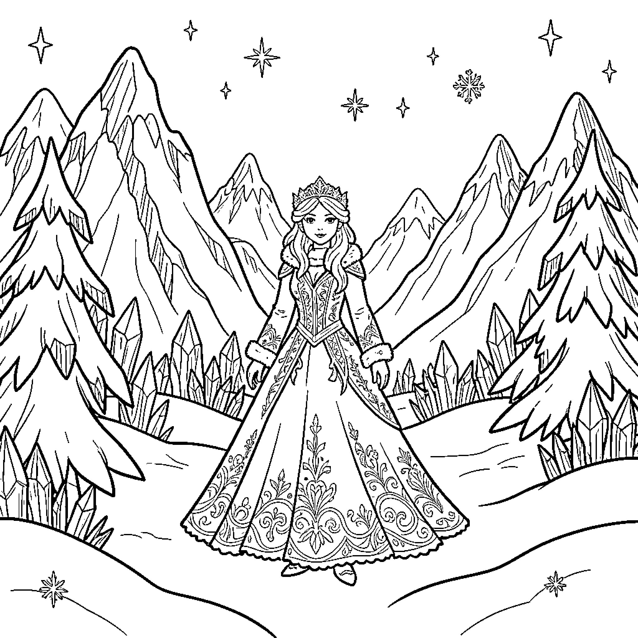 Snow Queen standing regally amidst icy mountains and trees Coloring Page (free black-and-white line drawing printable PDF for all, from beginners to advanced learners, including children, teens, adults, and seniors)