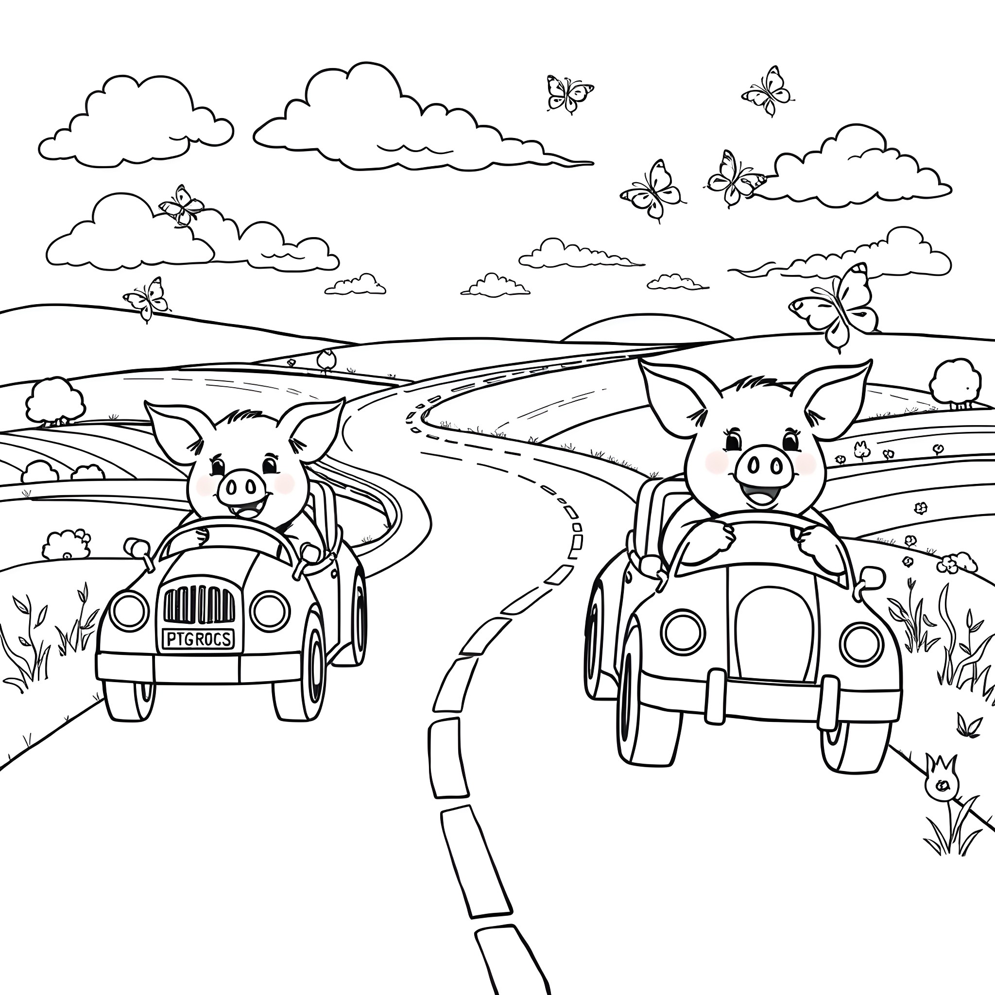 Pigs driving cheerfully on country road Coloring Page (free black-and-white line drawing printable PDF for all, from beginners to advanced learners, including children, teens, adults, and seniors)