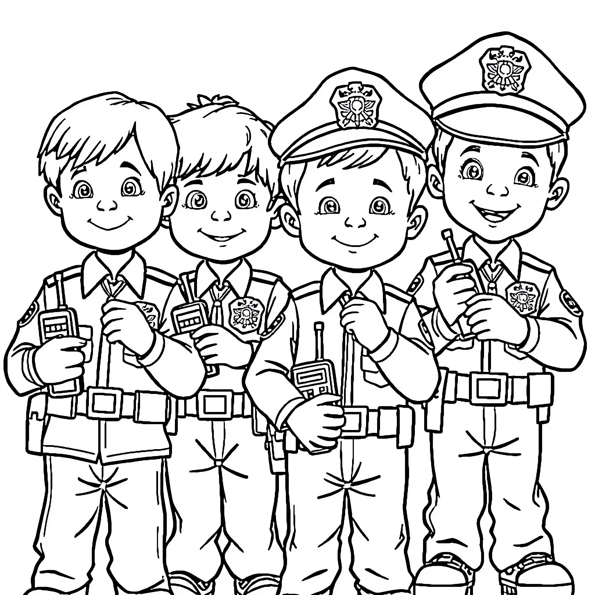 Kid police officers standing together Coloring Page (free black-and-white line drawing printable PDF for all, from beginners to advanced learners, including children, teens, adults, and seniors)