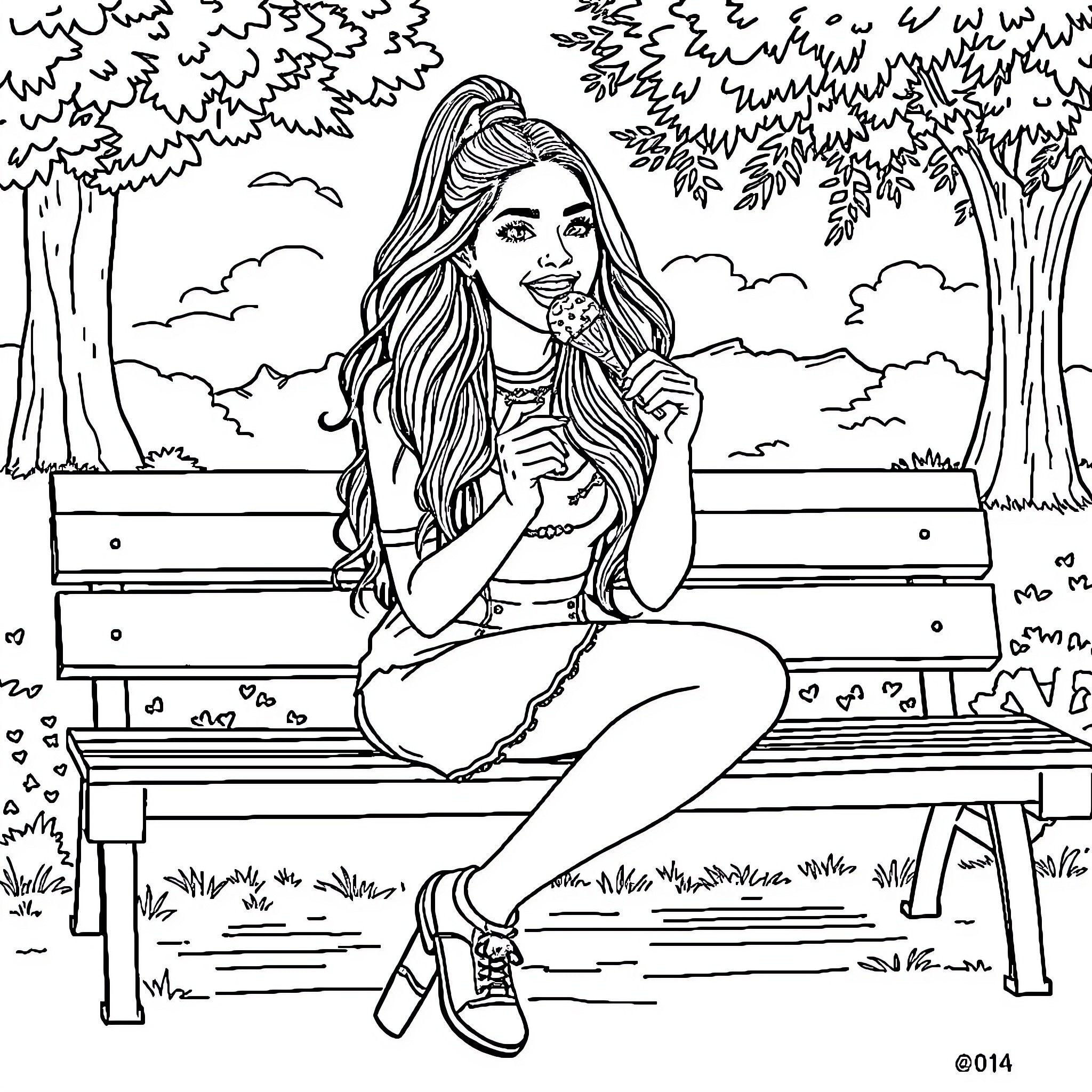 Ariana Grande relaxing on a park bench Coloring Page (free black-and-white line drawing printable PDF for all, from beginners to advanced learners, including children, teens, adults, and seniors)