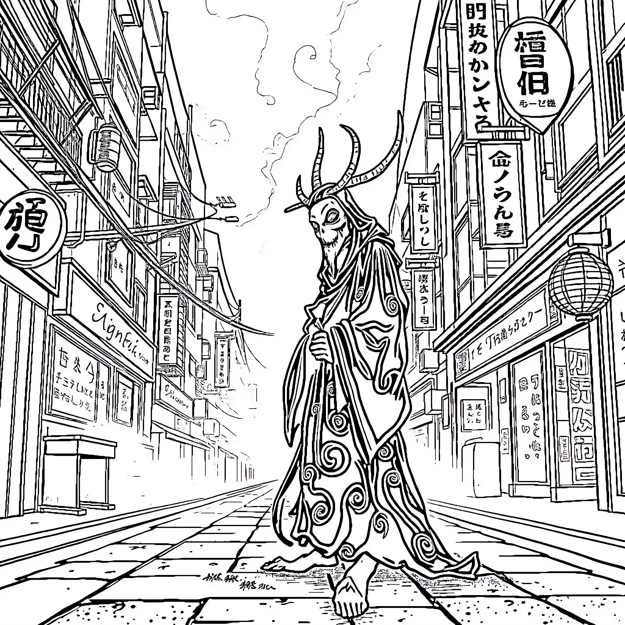 Yokai Demon Stalking the Streets of a Japanese City Coloring Page (free black-and-white line drawing printable PDF for all, from beginners to advanced learners, including children, teens, adults, and seniors)