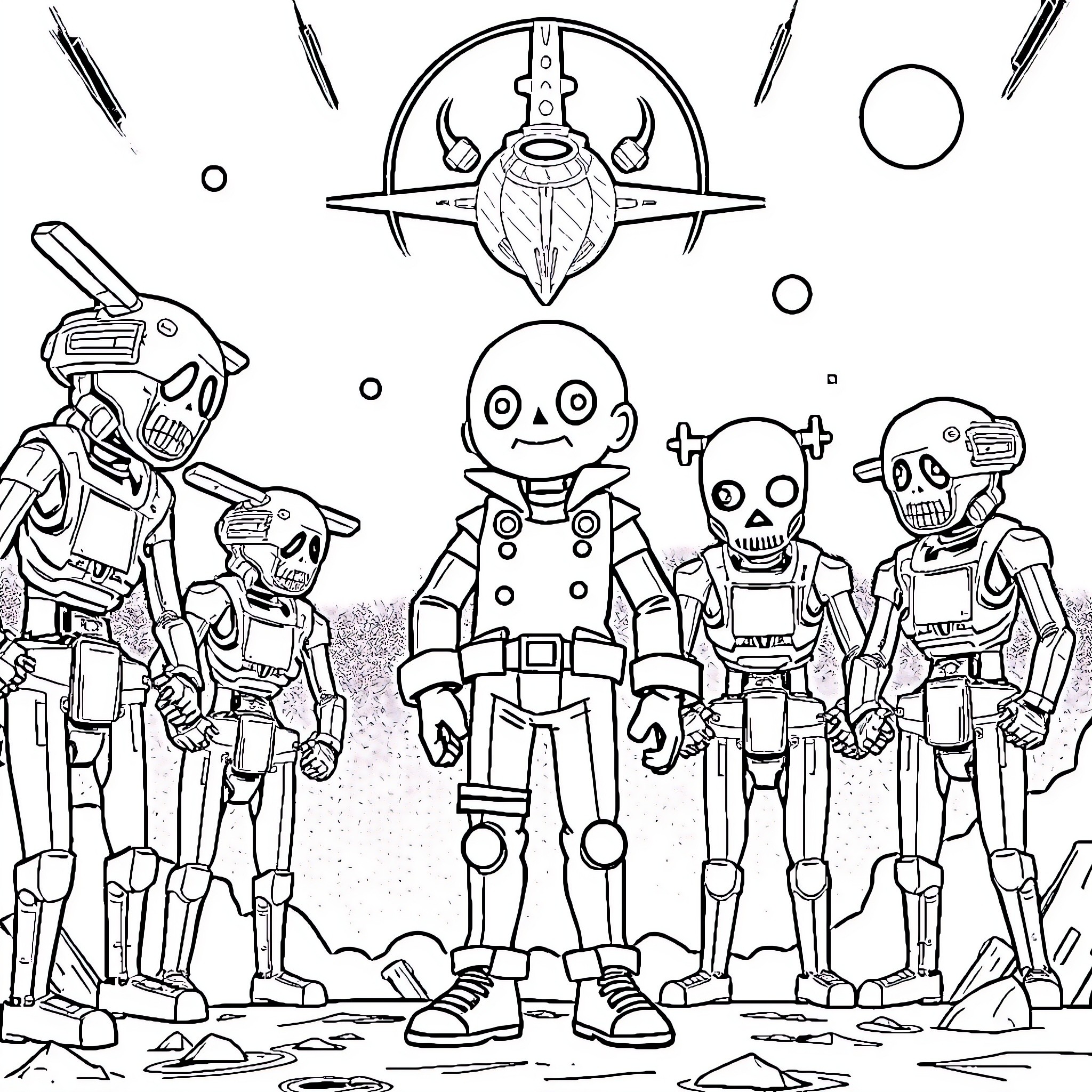 Sans Robotic Figures Exploring Sci-Fi Landscape Coloring Page (free black-and-white line drawing printable PDF for all, from beginners to advanced learners, including children, teens, adults, and seniors)