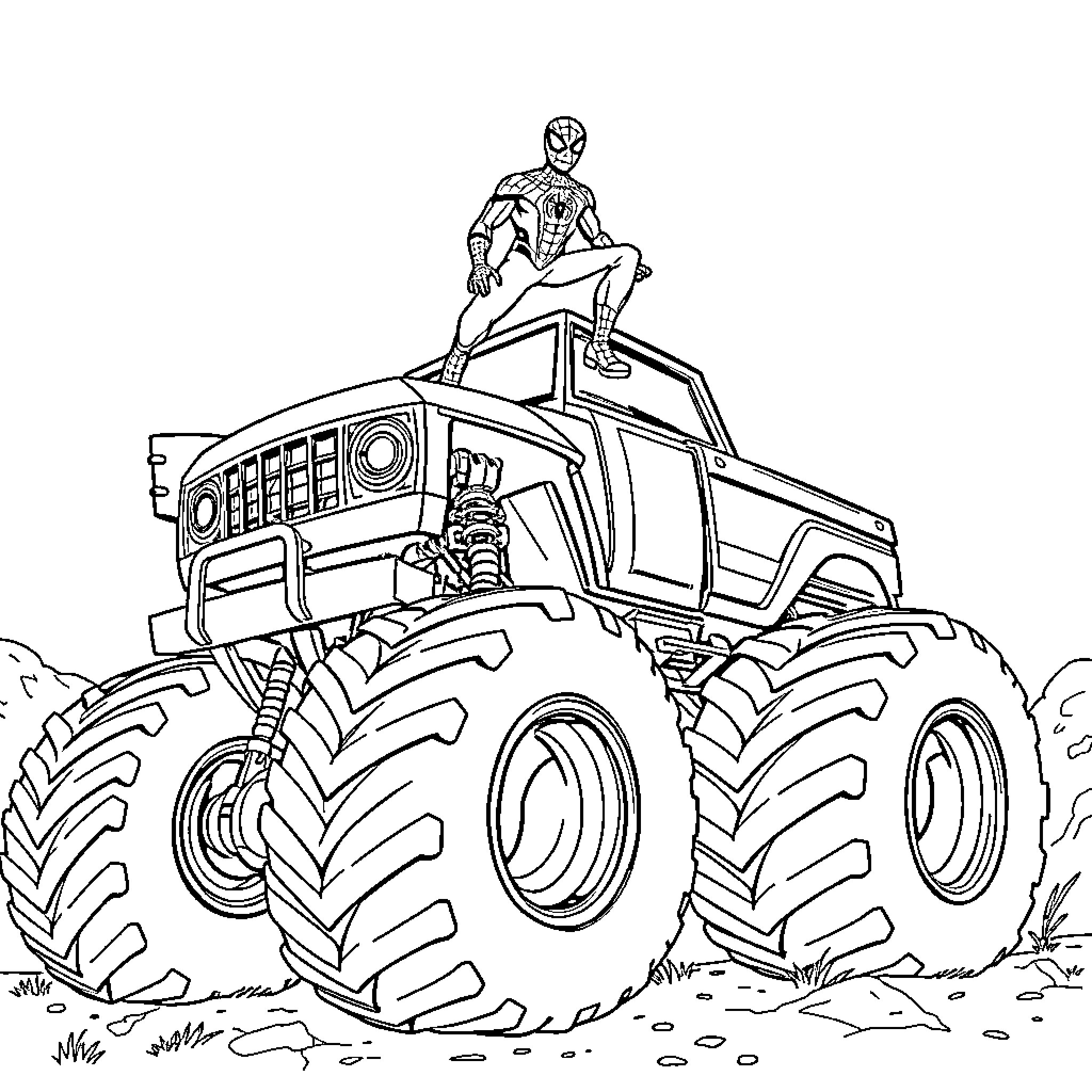 Spiderman driving a monster truck in the countryside Coloring Page (free black-and-white line drawing printable PDF for all, from beginners to advanced learners, including children, teens, adults, and seniors)