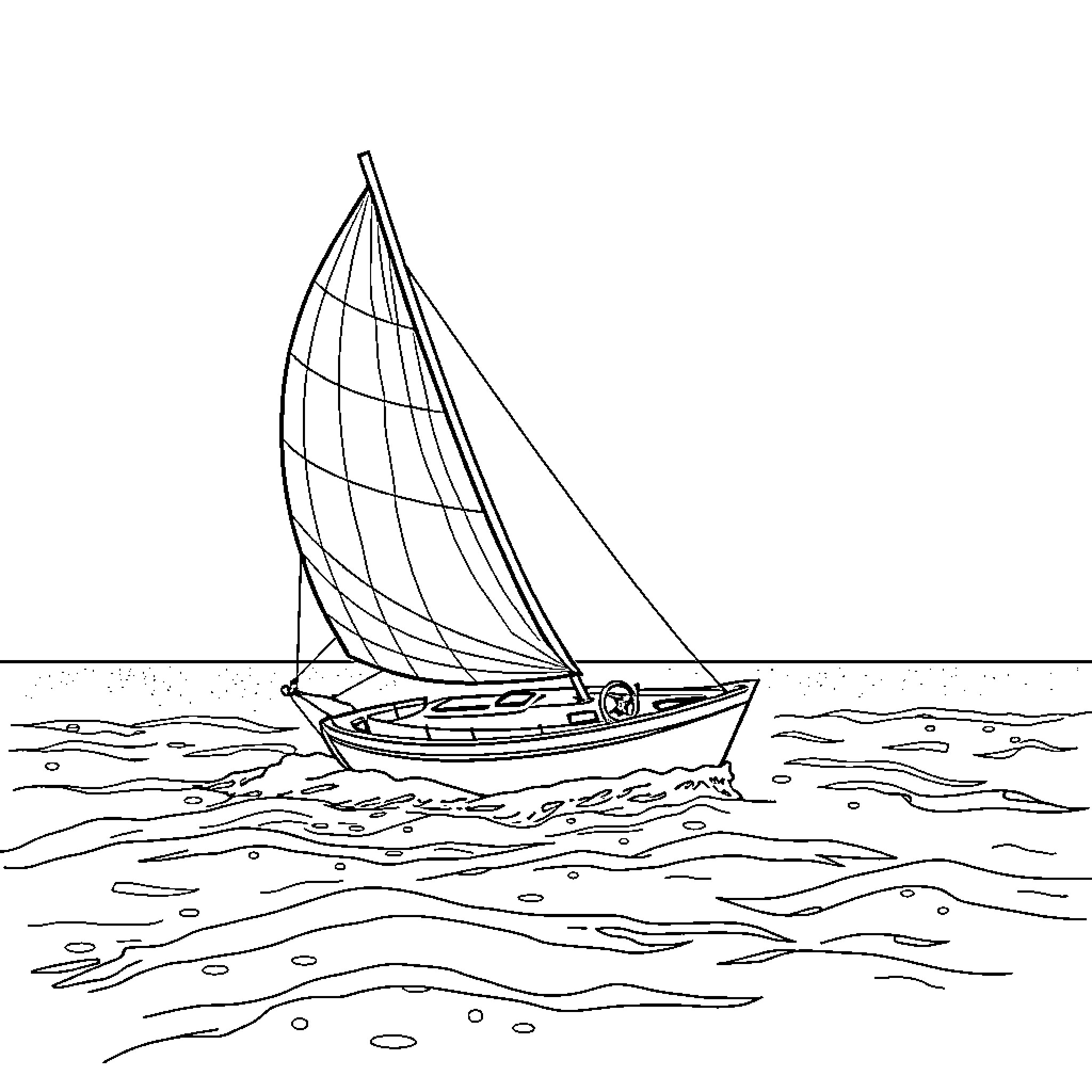 Sailboat sailing on the open sea Coloring Page (free black-and-white line drawing printable PDF for all, from beginners to advanced learners, including children, teens, adults, and seniors)