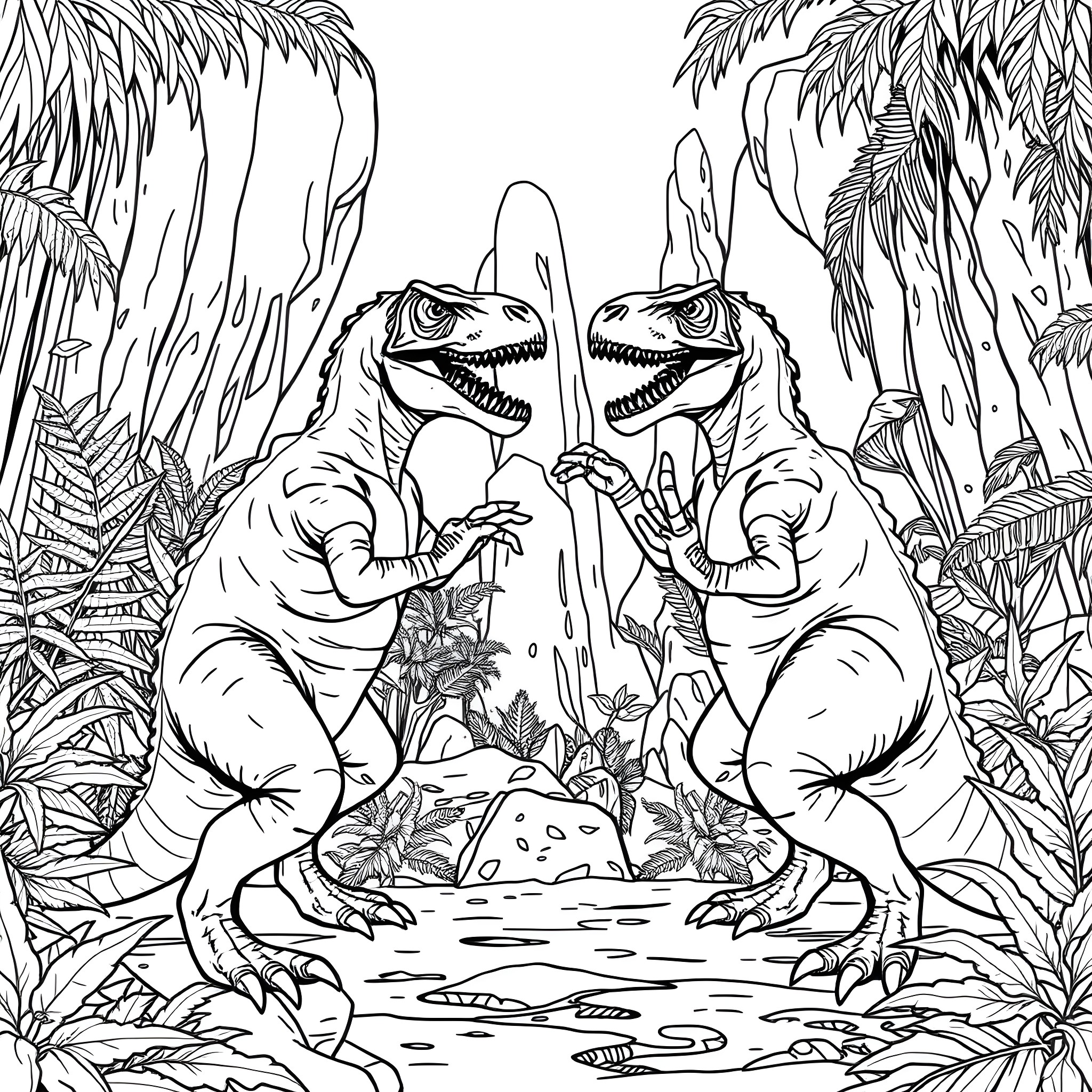 Dinosaur Duo Exploring Lush Jungle Terrain Coloring Page (free black-and-white line drawing printable PDF for all, from beginners to advanced learners, including children, teens, adults, and seniors)