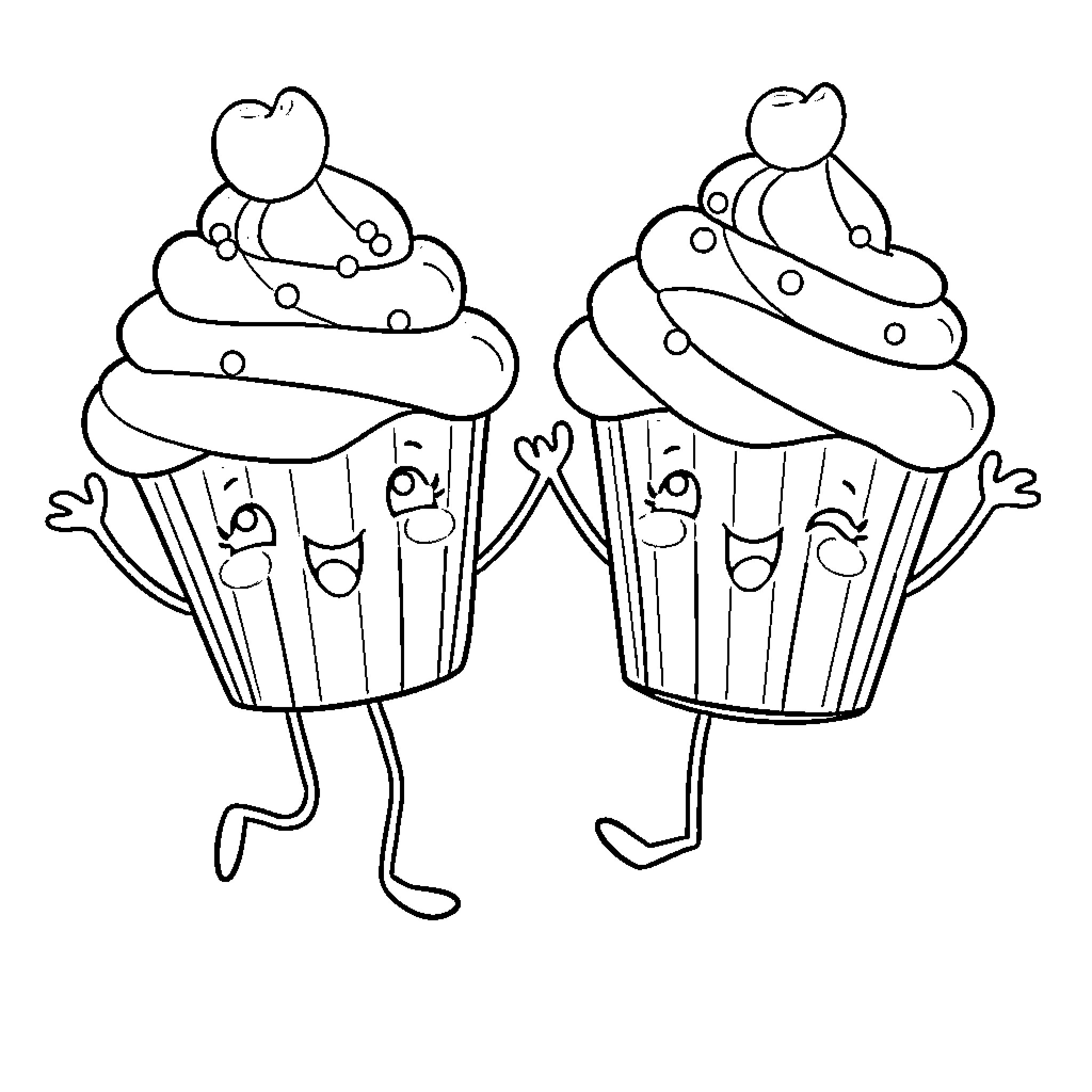 Cupcakes with hearts dancing and smiling Coloring Page (free black-and-white line drawing printable PDF for all, from beginners to advanced learners, including children, teens, adults, and seniors)