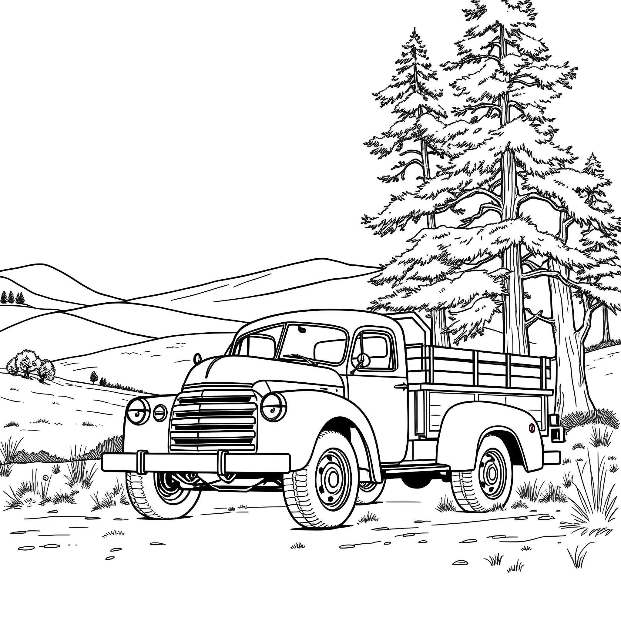 Truck transporting logs through snowy forest landscape Coloring Page (free black-and-white line drawing printable PDF for all, from beginners to advanced learners, including children, teens, adults, and seniors)