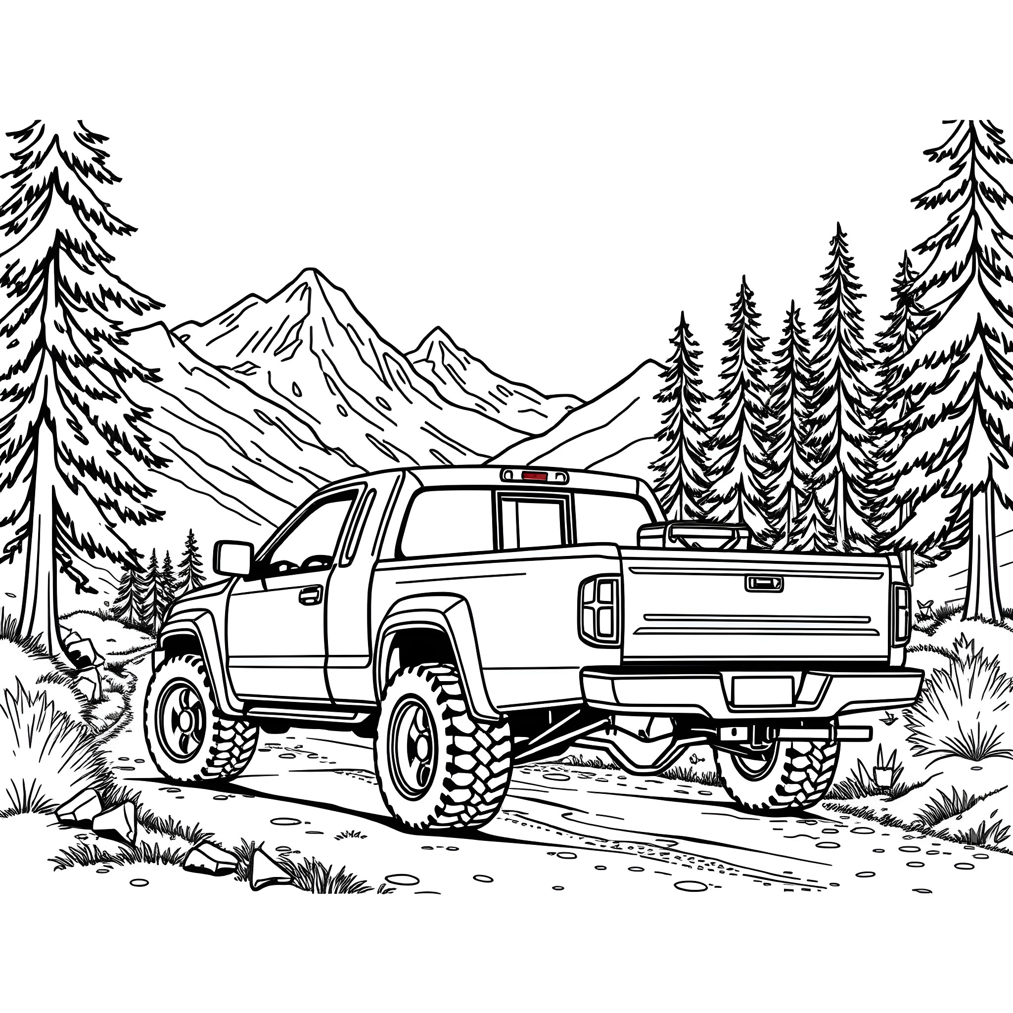 Pick Up Truck Traversing Rugged Terrain Coloring Page (free black-and-white line drawing printable PDF for all, from beginners to advanced learners, including children, teens, adults, and seniors)
