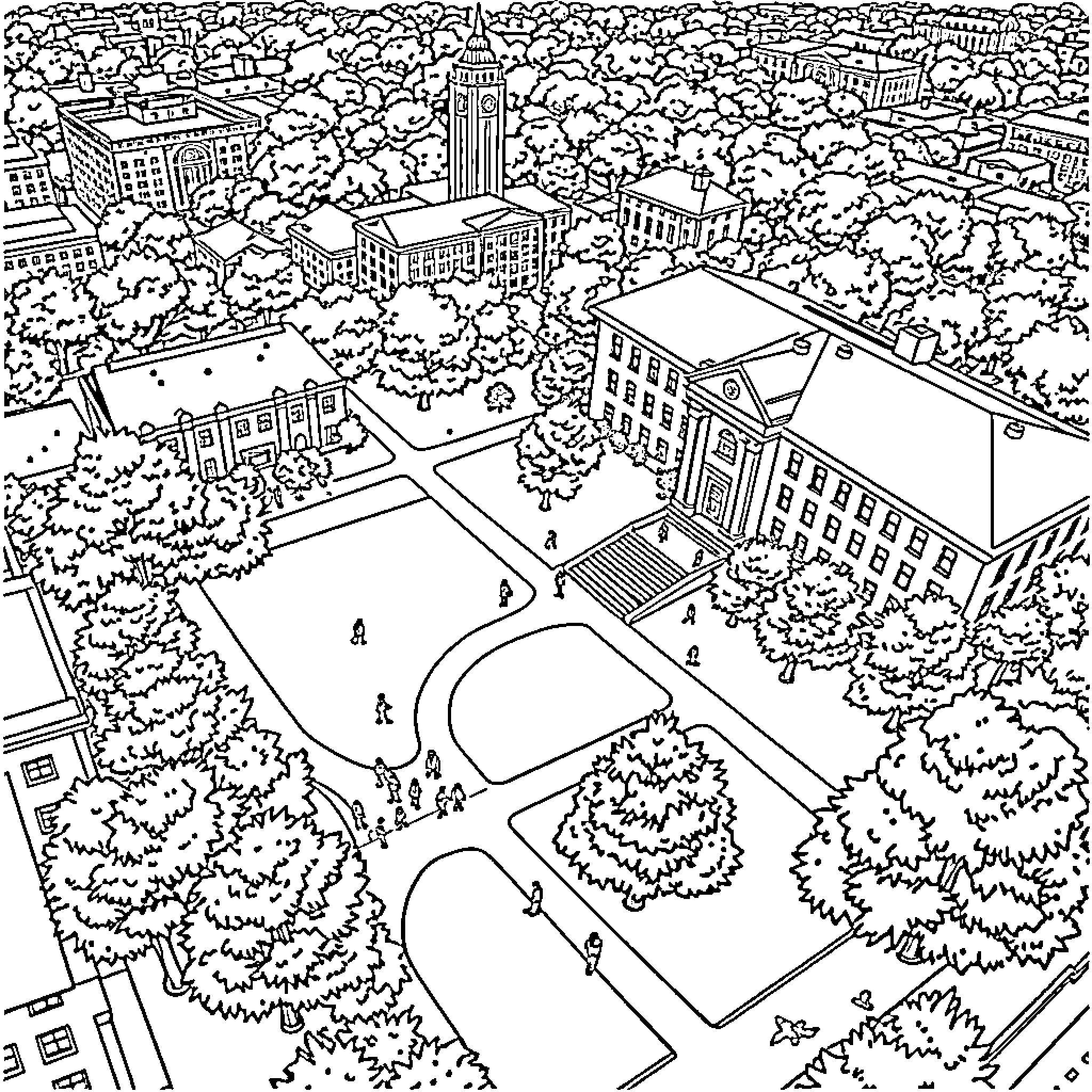 Campus scene with bustling activities and architectural wonders Coloring Page (free black-and-white line drawing printable PDF for all, from beginners to advanced learners, including children, teens, adults, and seniors)
