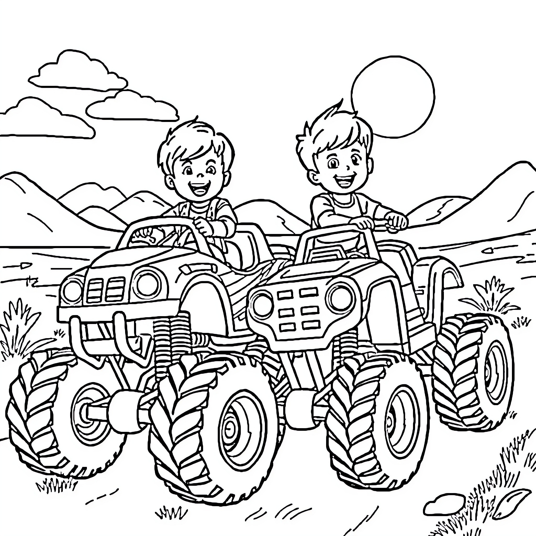 Monster Truck Adventure with Two Boys Coloring Page (free black-and-white line drawing printable PDF for all, from beginners to advanced learners, including children, teens, adults, and seniors)