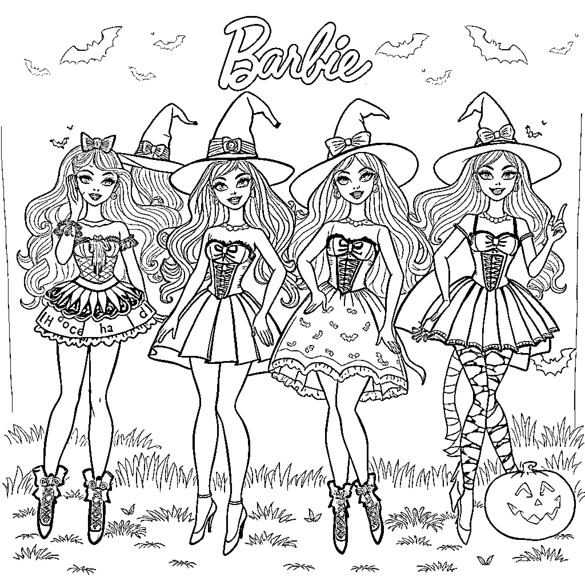 Barbie and her witch friends in Halloween costumes Coloring Page (free black-and-white line drawing printable PDF for all, from beginners to advanced learners, including children, teens, adults, and seniors)