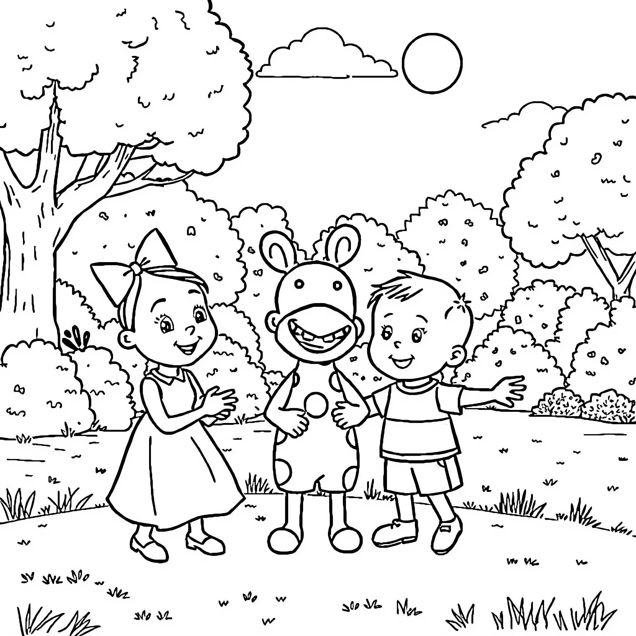 Pepa and Friends Explore the Countryside Coloring Page (free black-and-white line drawing printable PDF for all, from beginners to advanced learners, including children, teens, adults, and seniors)
