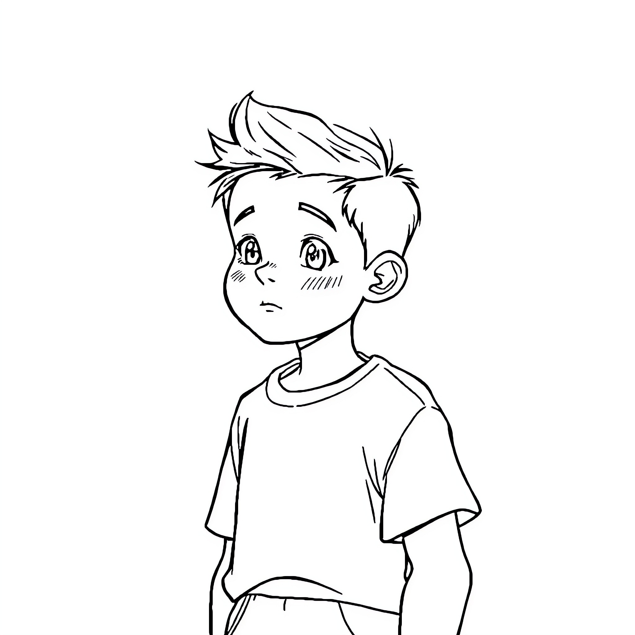 Teen boy with casual outfit and worried expression Coloring Page (free black-and-white line drawing printable PDF for all, from beginners to advanced learners, including children, teens, adults, and seniors)