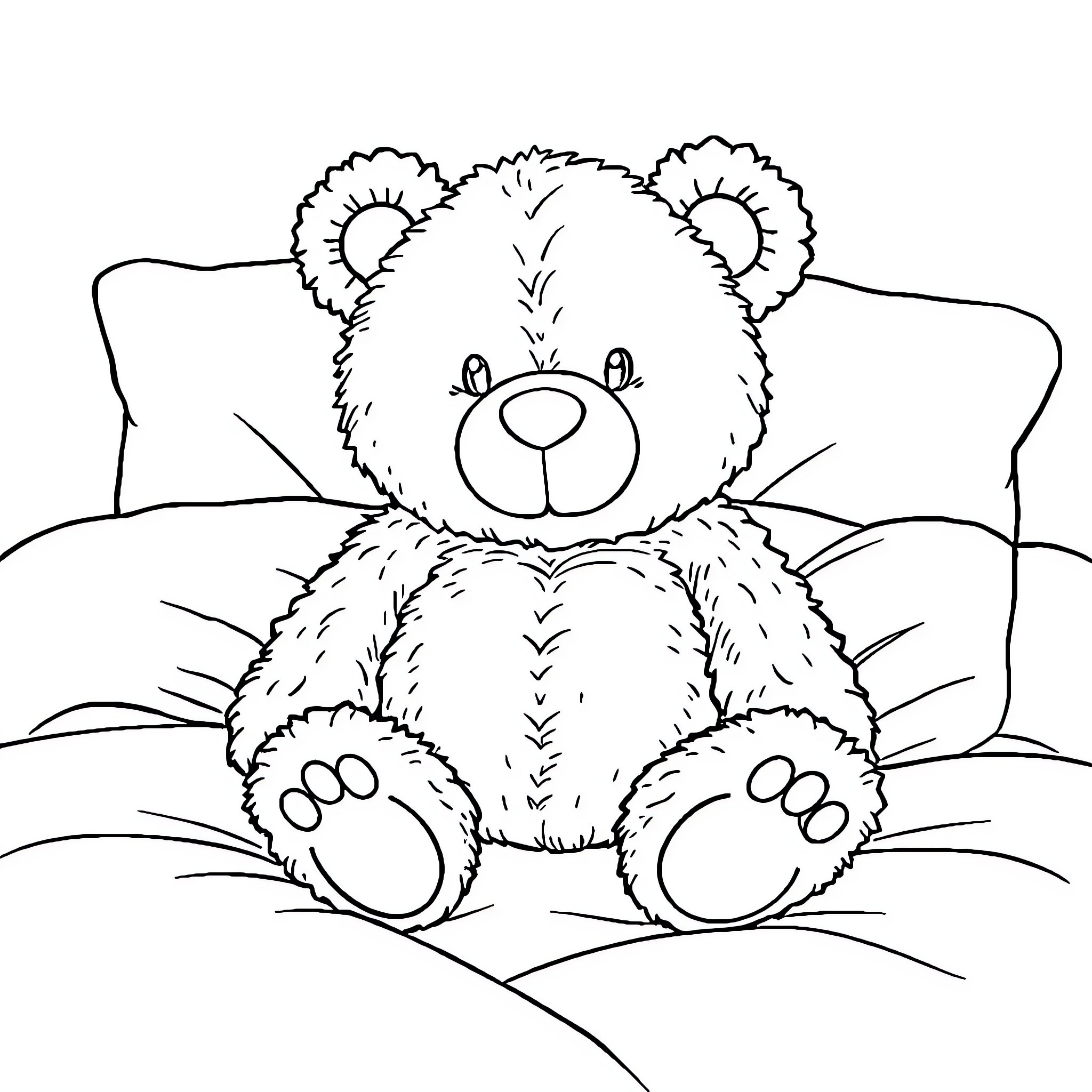 Teddy Bear sitting on a couch Coloring Page (free black-and-white line drawing printable PDF for all, from beginners to advanced learners, including children, teens, adults, and seniors)