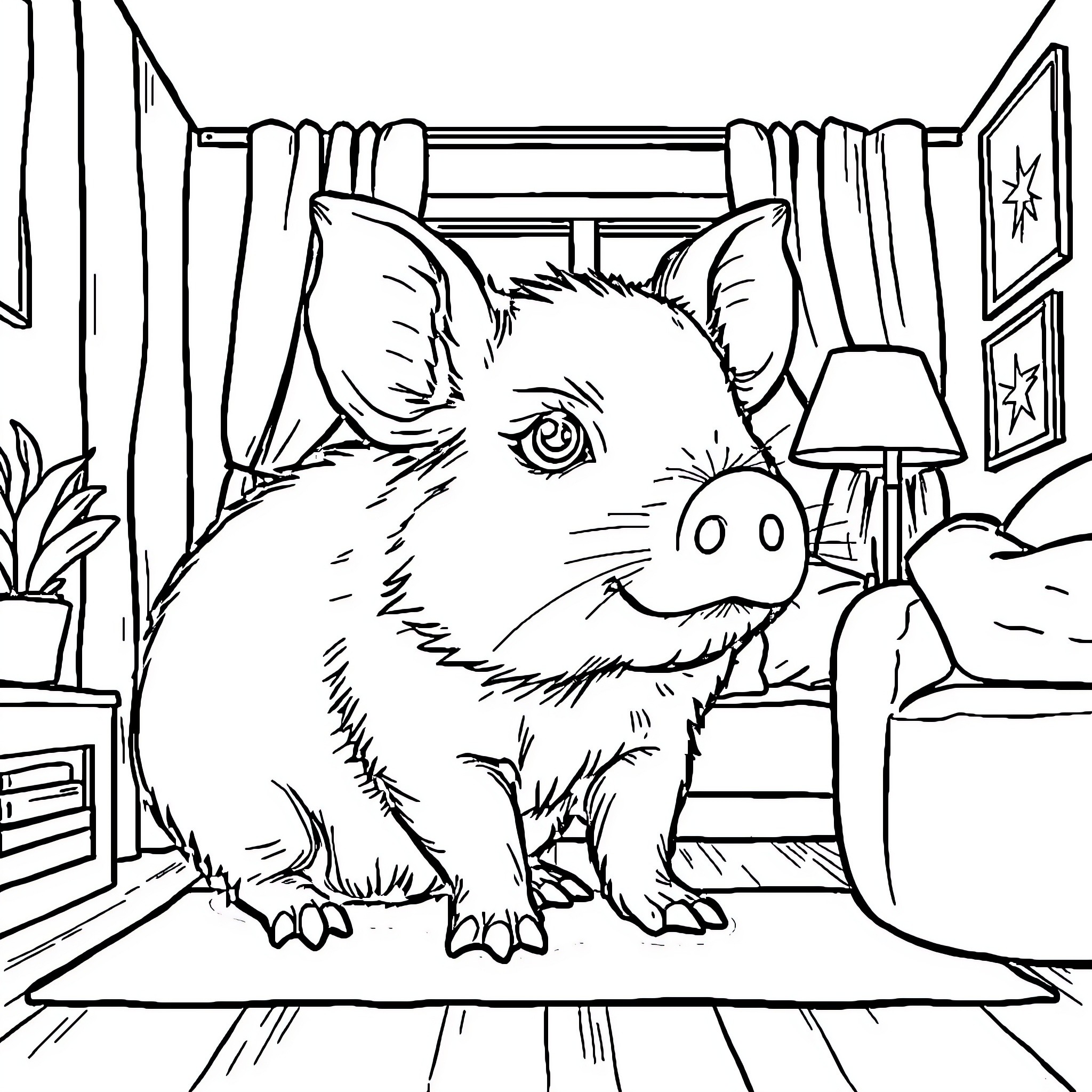 Pig resting comfortably in a cozy indoor setting Coloring Page (free black-and-white line drawing printable PDF for all, from beginners to advanced learners, including children, teens, adults, and seniors)