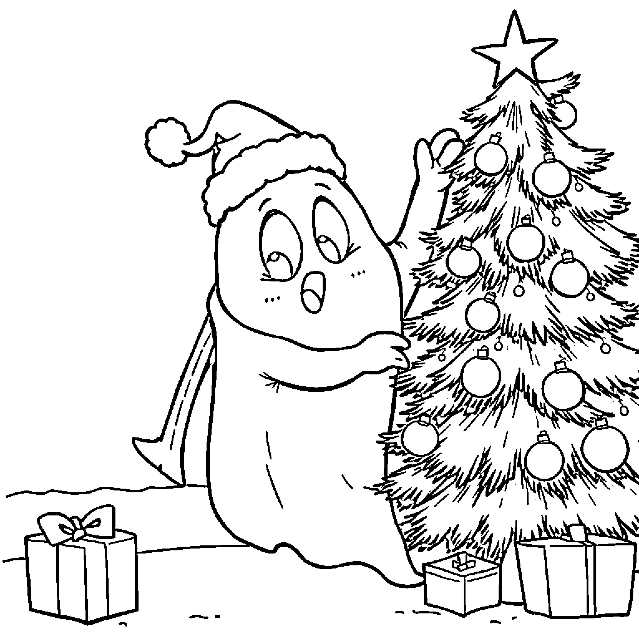 Ghost celebrating Christmas with tree and gifts Coloring Page (free black-and-white line drawing printable PDF for all, from beginners to advanced learners, including children, teens, adults, and seniors)