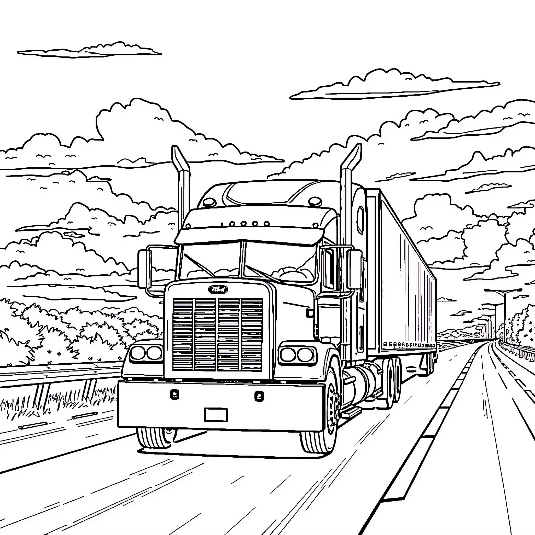 Truck traveling on a long highway through the countryside Coloring Page (free black-and-white line drawing printable PDF for all, from beginners to advanced learners, including children, teens, adults, and seniors)