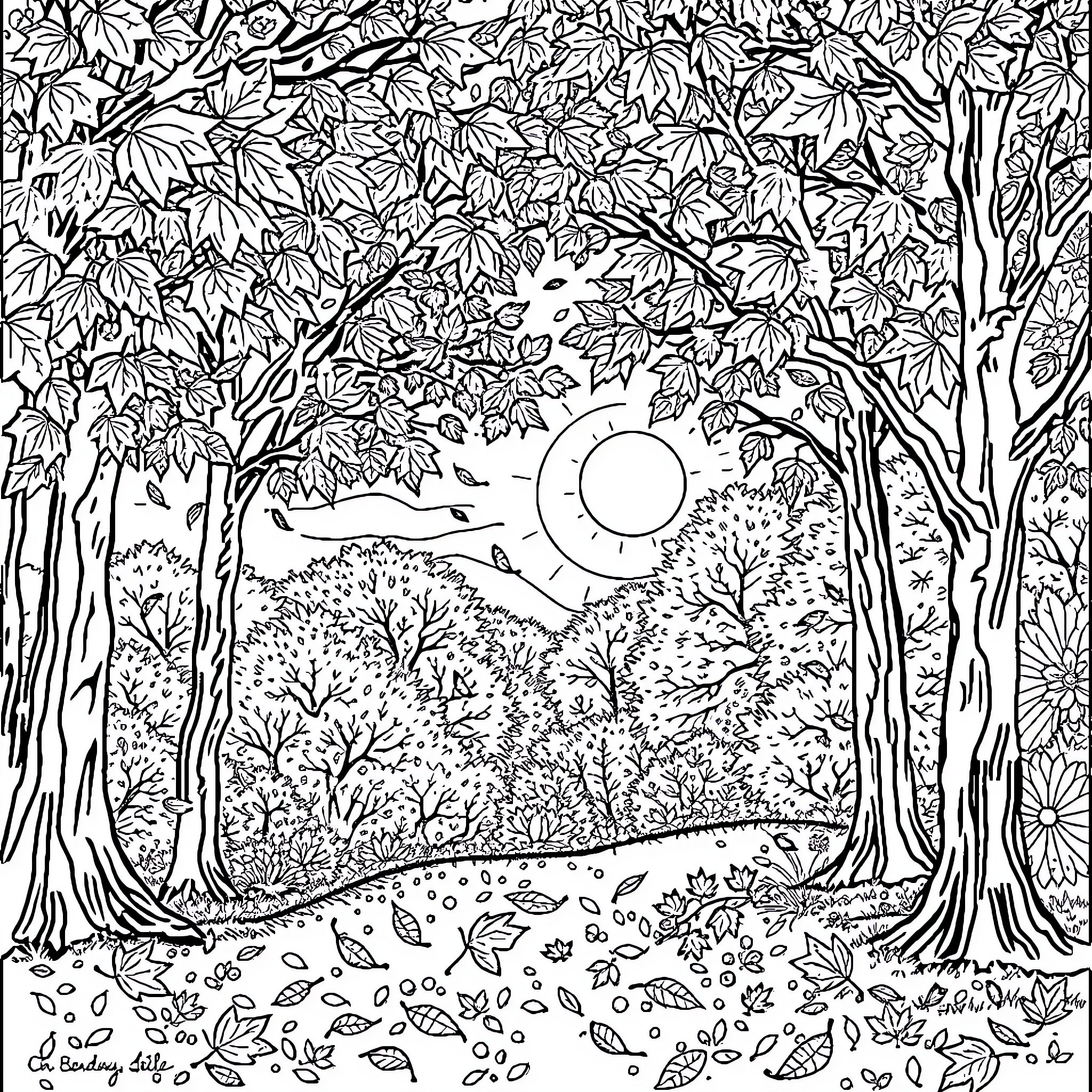 Fall Foliage and Falling Leaves in the Forest Coloring Page (free black-and-white line drawing printable PDF for all, from beginners to advanced learners, including children, teens, adults, and seniors)