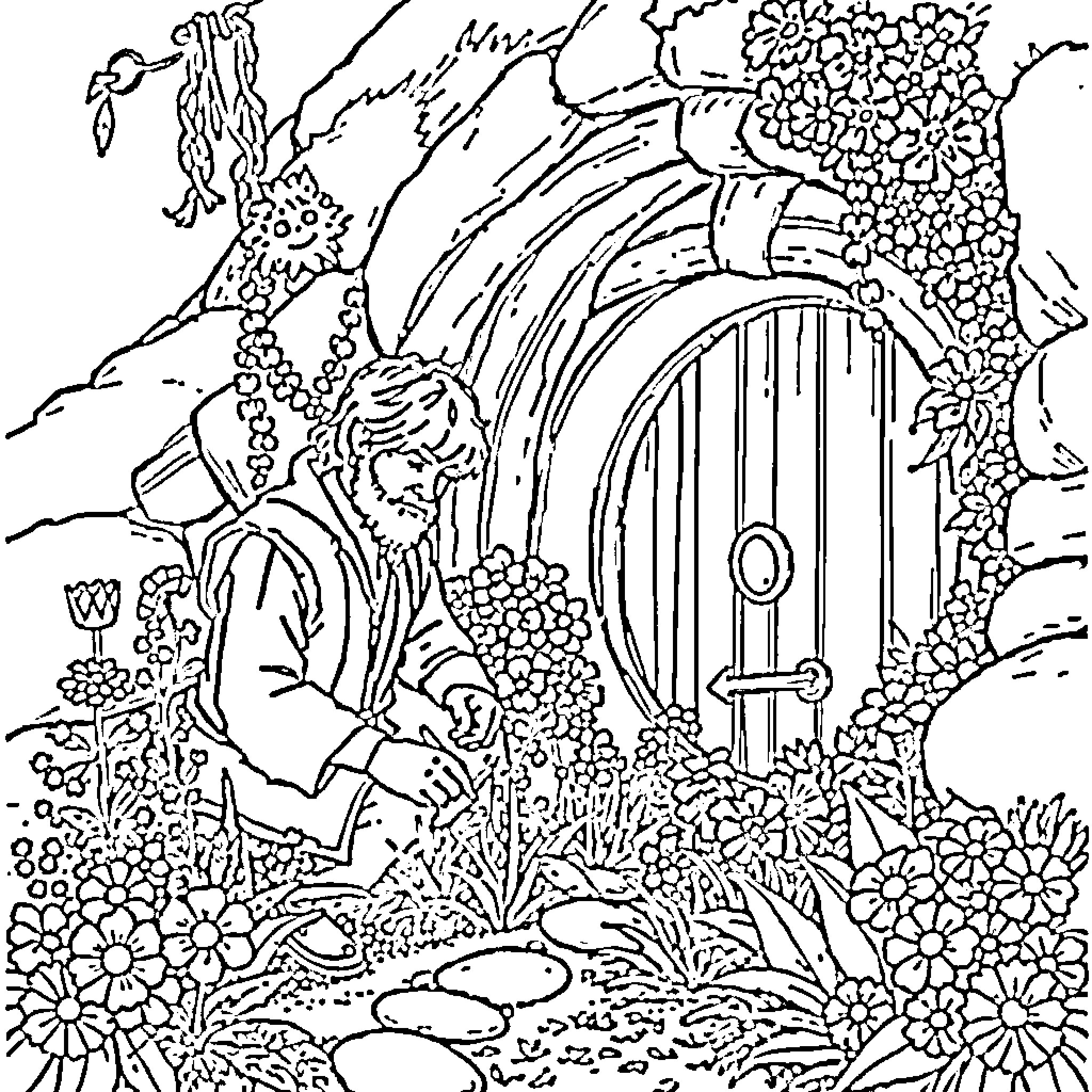 Sam Gamgee exploring a magical woodland landscape Coloring Page (free black-and-white line drawing printable PDF for all, from beginners to advanced learners, including children, teens, adults, and seniors)