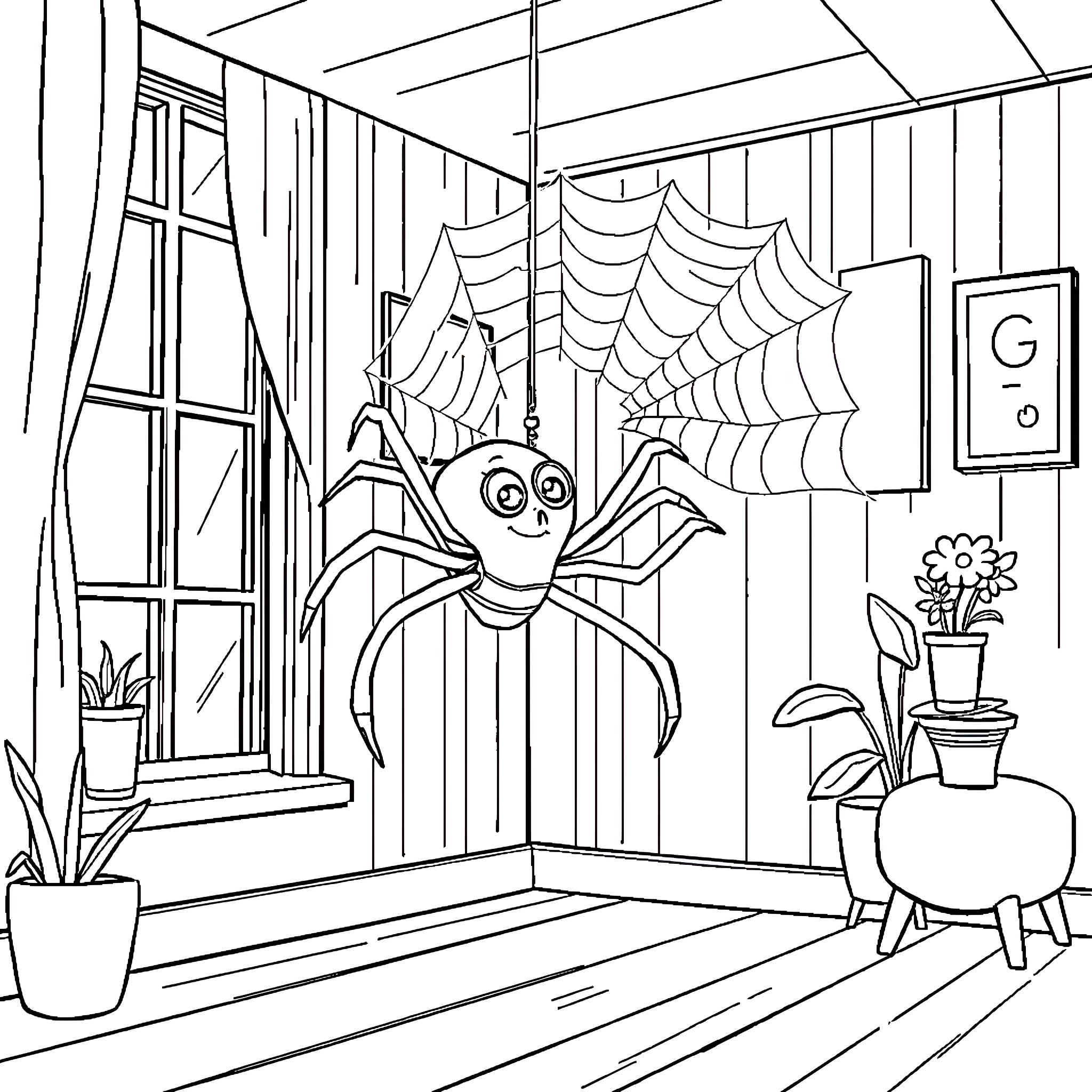 Spider creeping through haunted house Coloring Page (free black-and-white line drawing printable PDF for all, from beginners to advanced learners, including children, teens, adults, and seniors)