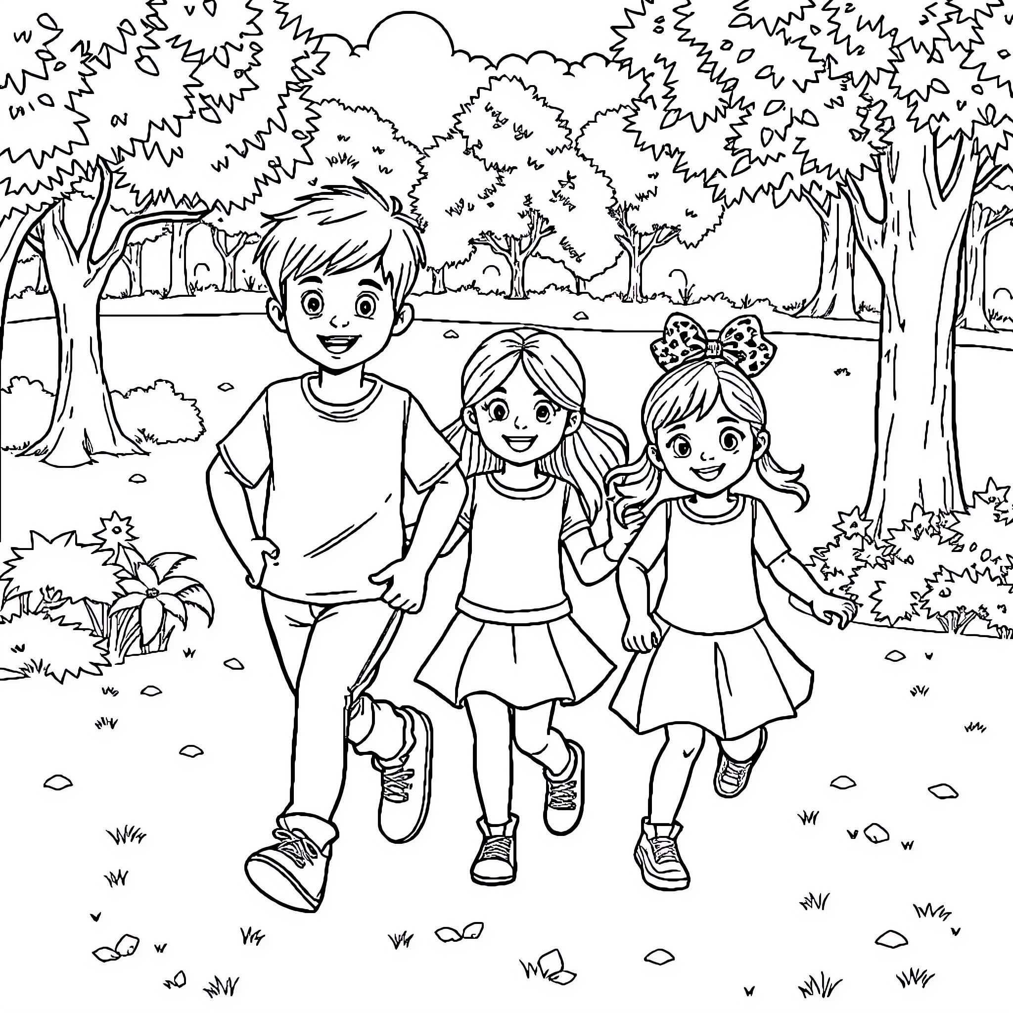 Child's Happy Adventure in the Park Coloring Page (free black-and-white line drawing printable PDF for all, from beginners to advanced learners, including children, teens, adults, and seniors)
