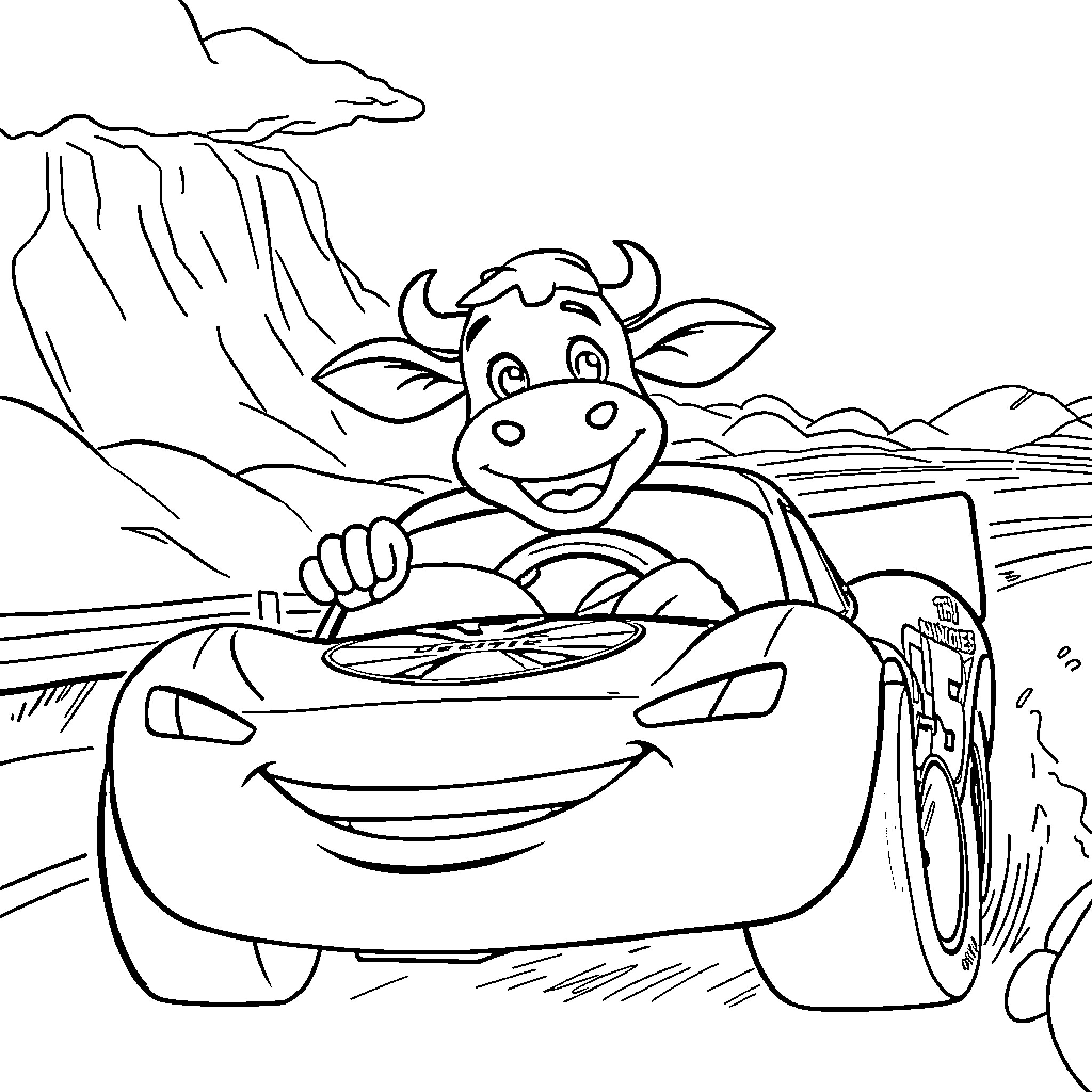 Cow driving a car through the countryside Coloring Page (free black-and-white line drawing printable PDF for all, from beginners to advanced learners, including children, teens, adults, and seniors)