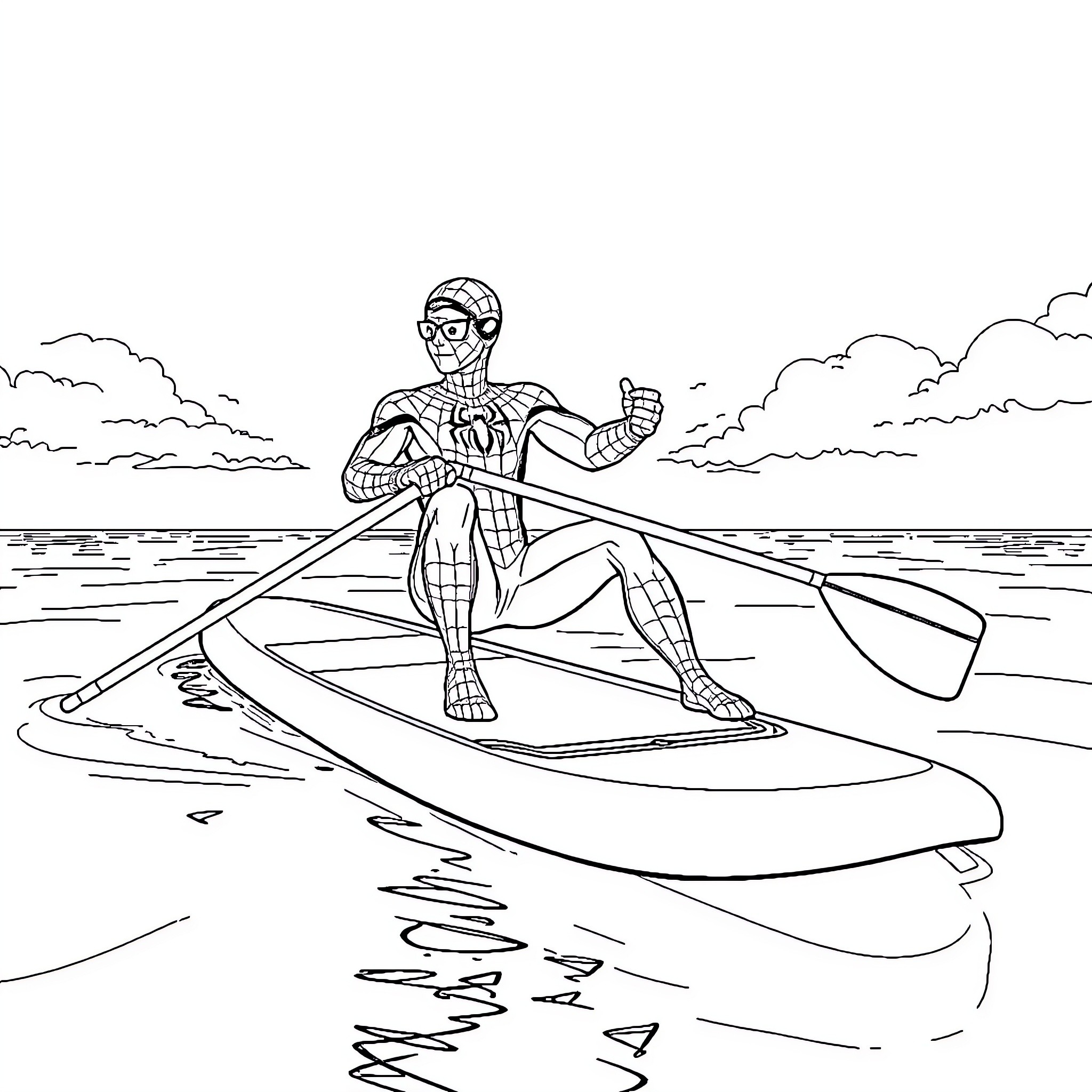 Spiderman paddle boarding on the waves Coloring Page (free black-and-white line drawing printable PDF for all, from beginners to advanced learners, including children, teens, adults, and seniors)