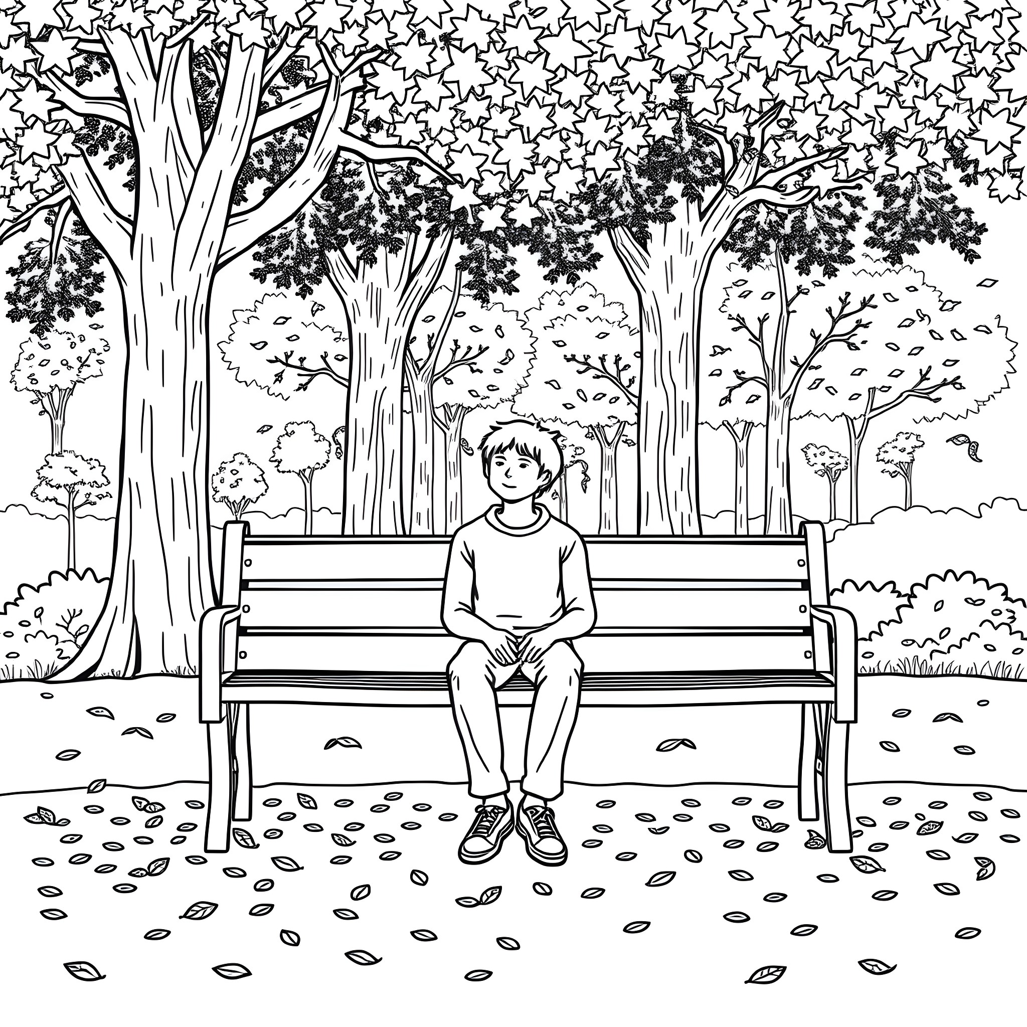Bum Sitting Alone in Autumnal Park Coloring Page (free black-and-white line drawing printable PDF for all, from beginners to advanced learners, including children, teens, adults, and seniors)