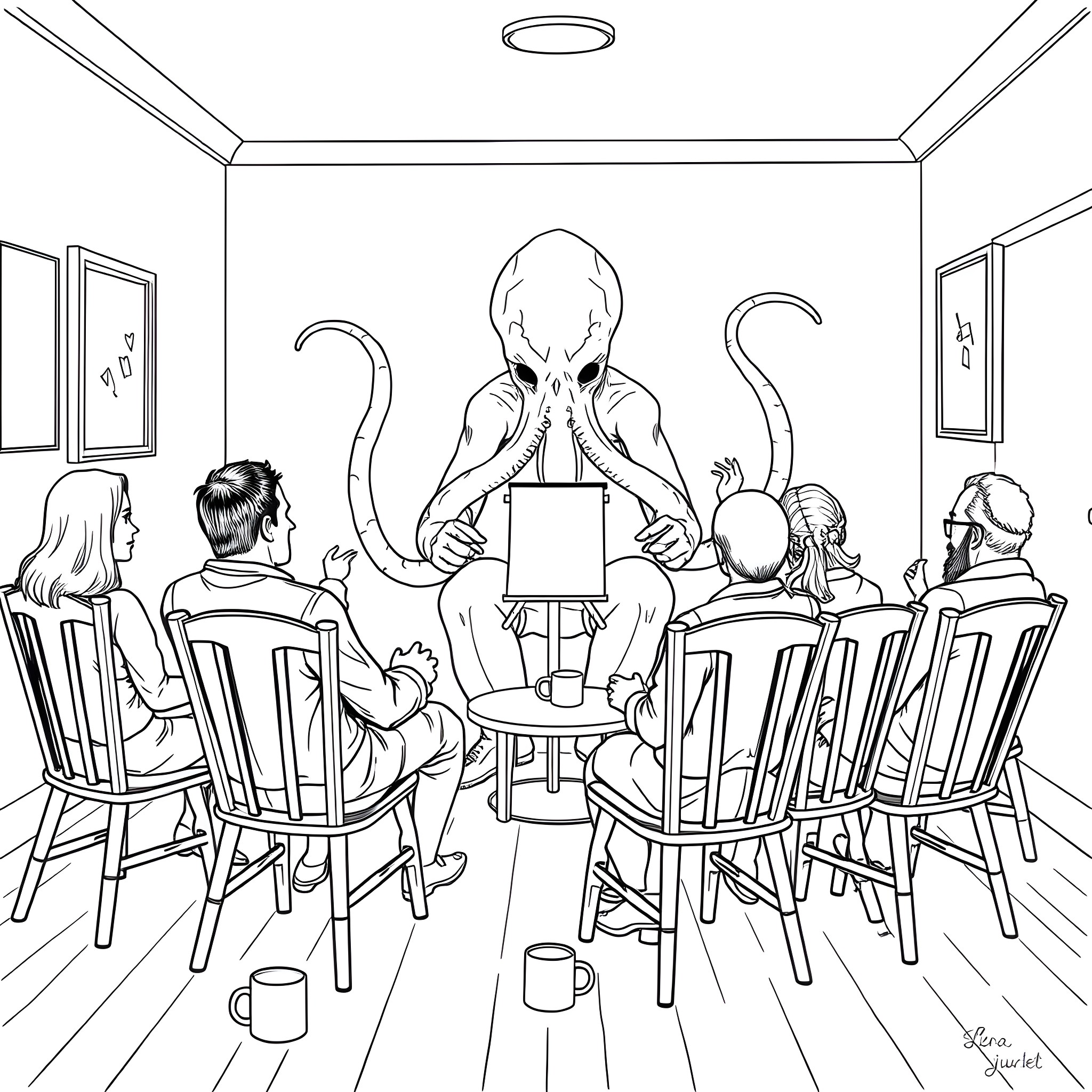 Cthulhu Lectures Mortals on the Unknowable Mysteries of the Universe Coloring Page (free black-and-white line drawing printable PDF for all, from beginners to advanced learners, including children, teens, adults, and seniors)