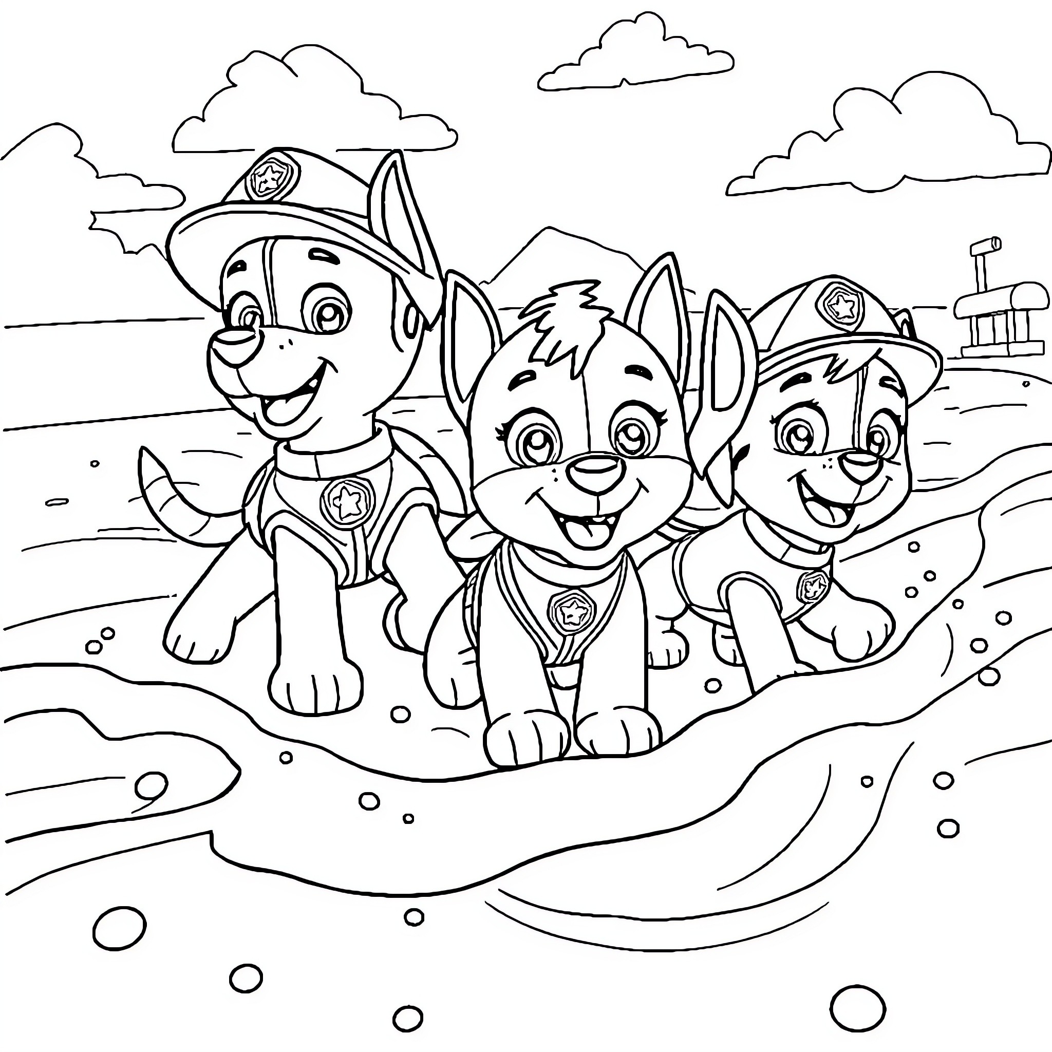 Paw Patrol Pups Explore the Outdoors Coloring Page (free black-and-white line drawing printable PDF for all, from beginners to advanced learners, including children, teens, adults, and seniors)