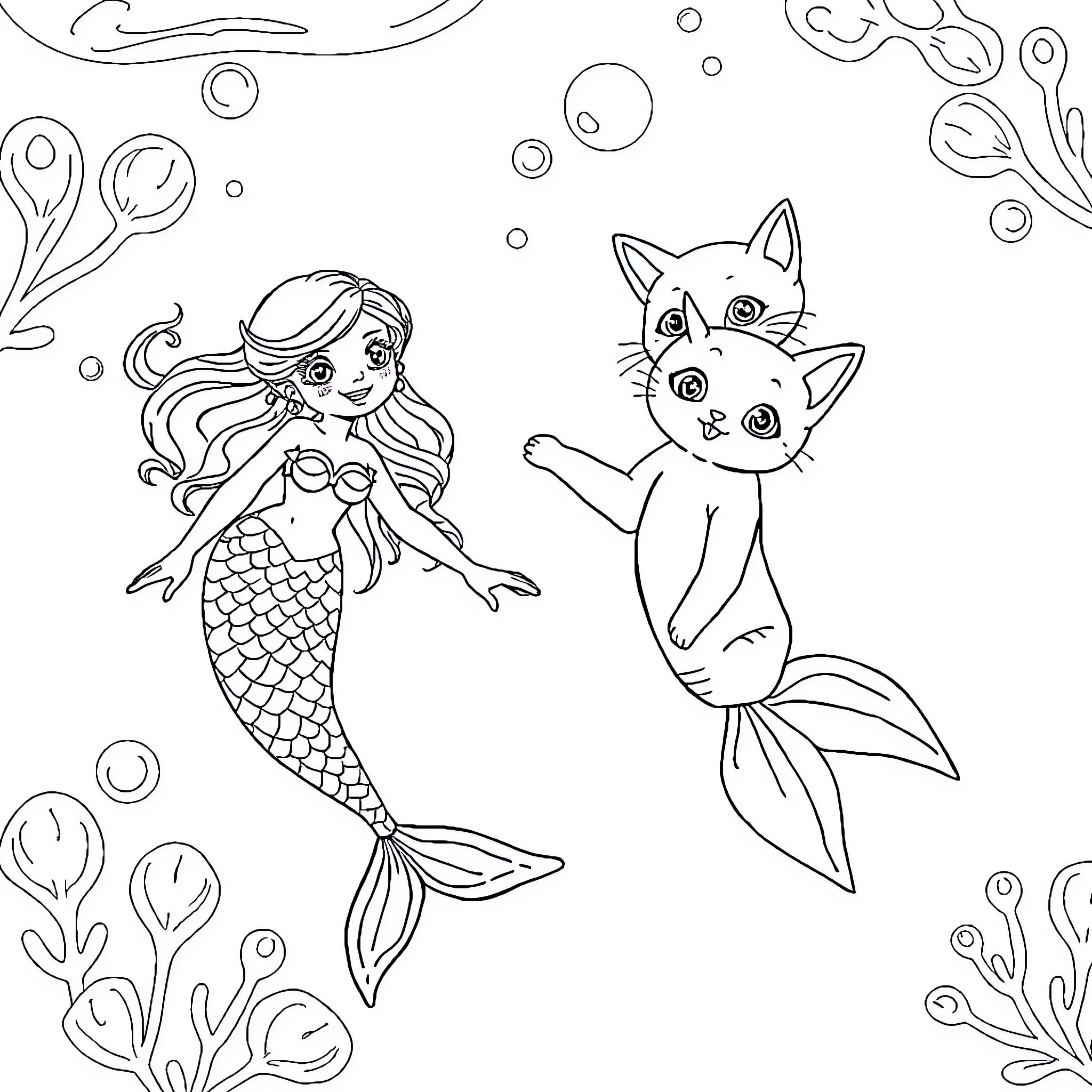 Mermaid and curious cat swimming in the ocean Coloring Page (free black-and-white line drawing printable PDF for all, from beginners to advanced learners, including children, teens, adults, and seniors)