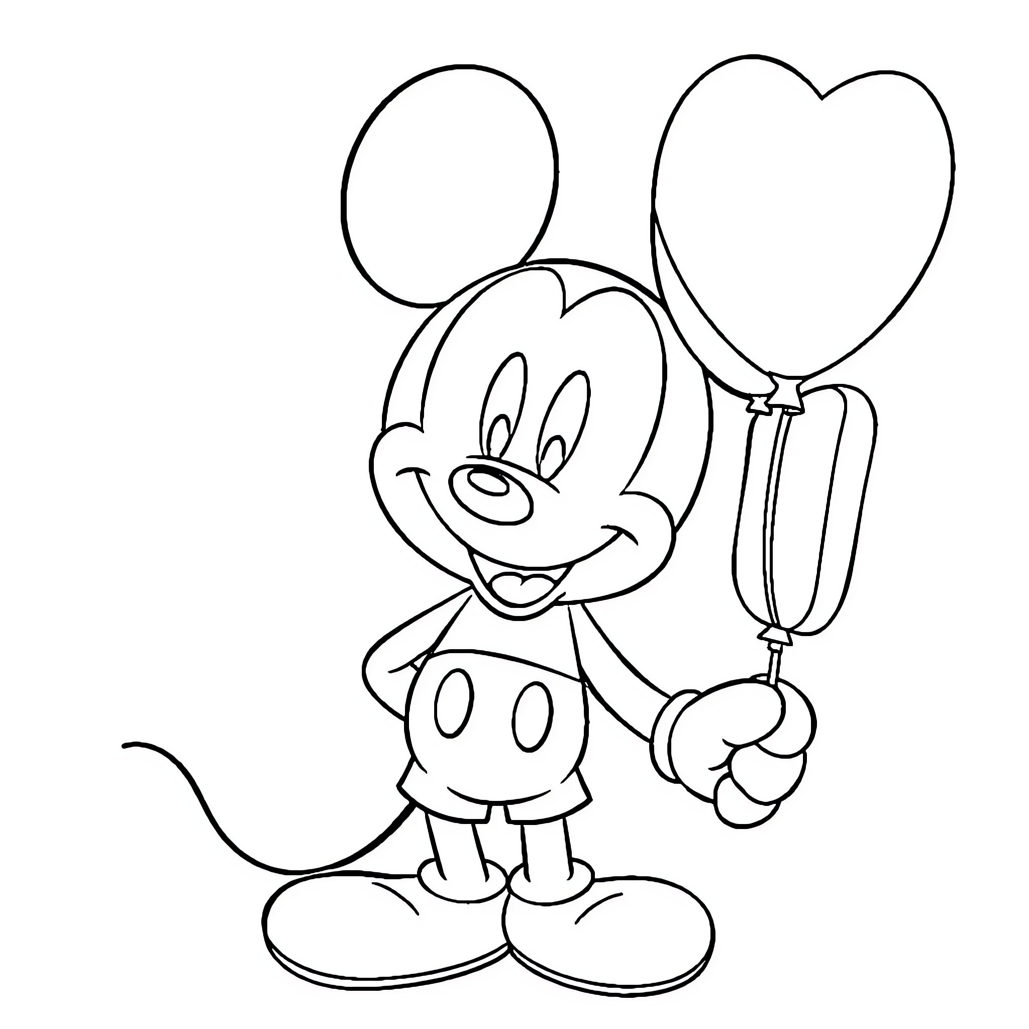 Mickey Mouse holding heart-shaped balloons Coloring Page (free black-and-white line drawing printable PDF for all, from beginners to advanced learners, including children, teens, adults, and seniors)