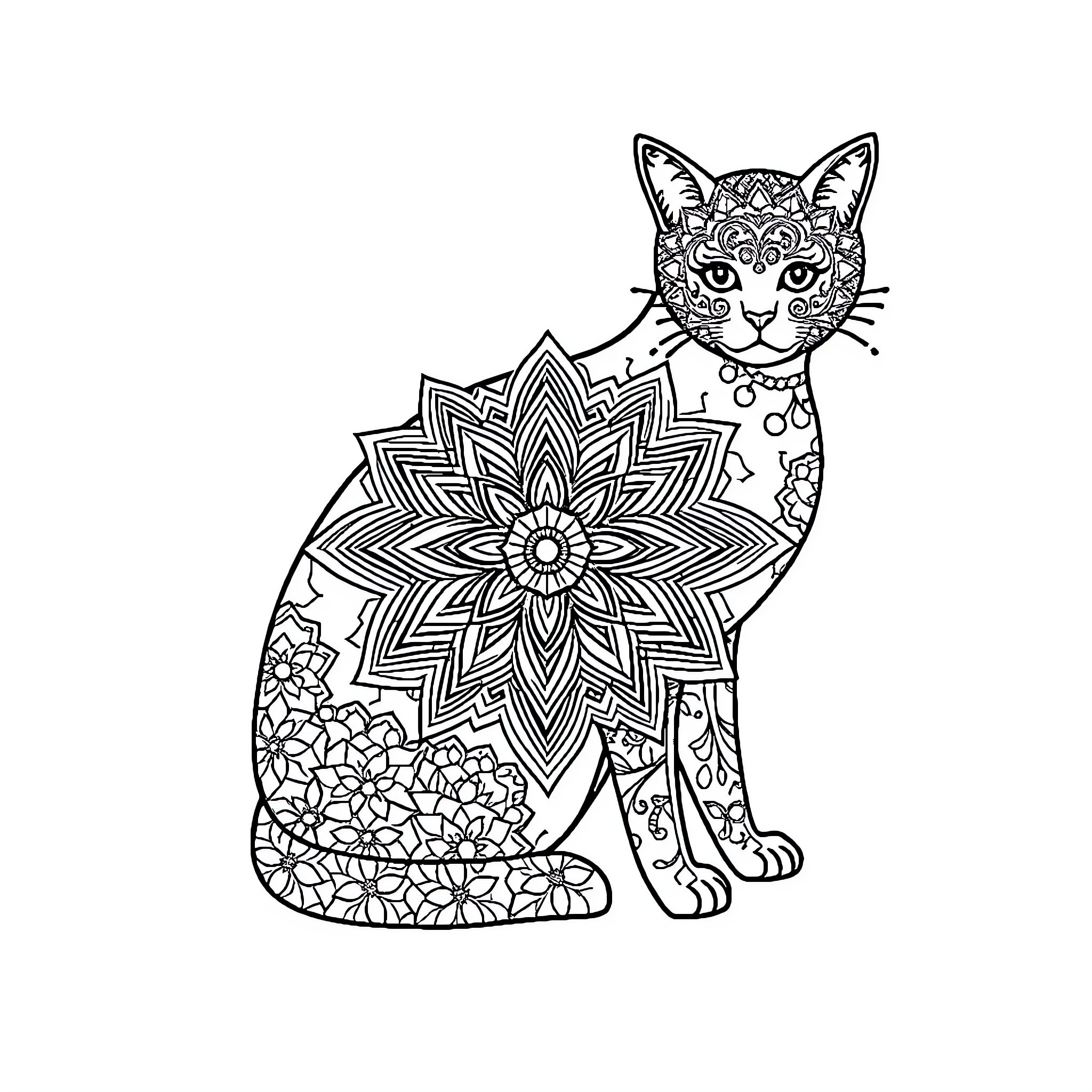 Cat with intricate floral designs Coloring Page (free black-and-white line drawing printable PDF for all, from beginners to advanced learners, including children, teens, adults, and seniors)