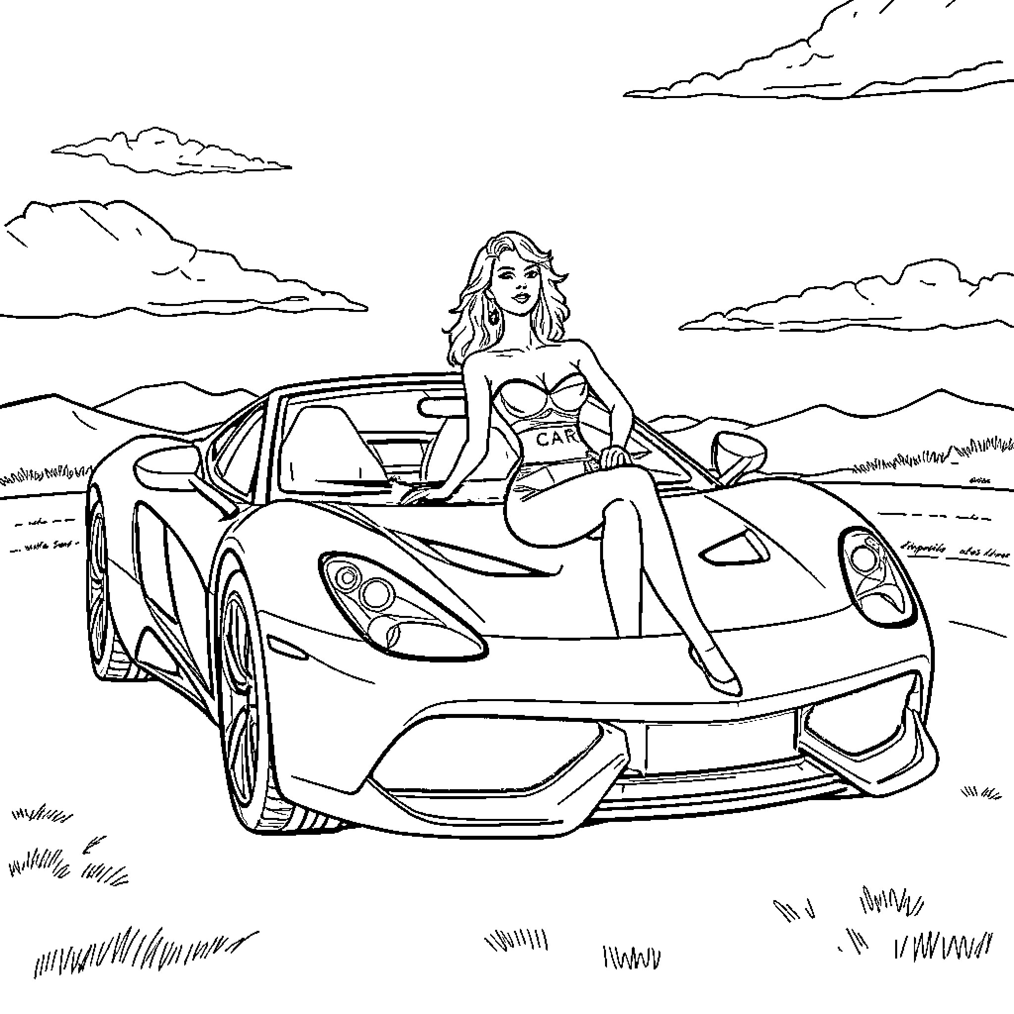 Car with glamorous woman in luxurious outfit Coloring Page (free black-and-white line drawing printable PDF for all, from beginners to advanced learners, including children, teens, adults, and seniors)